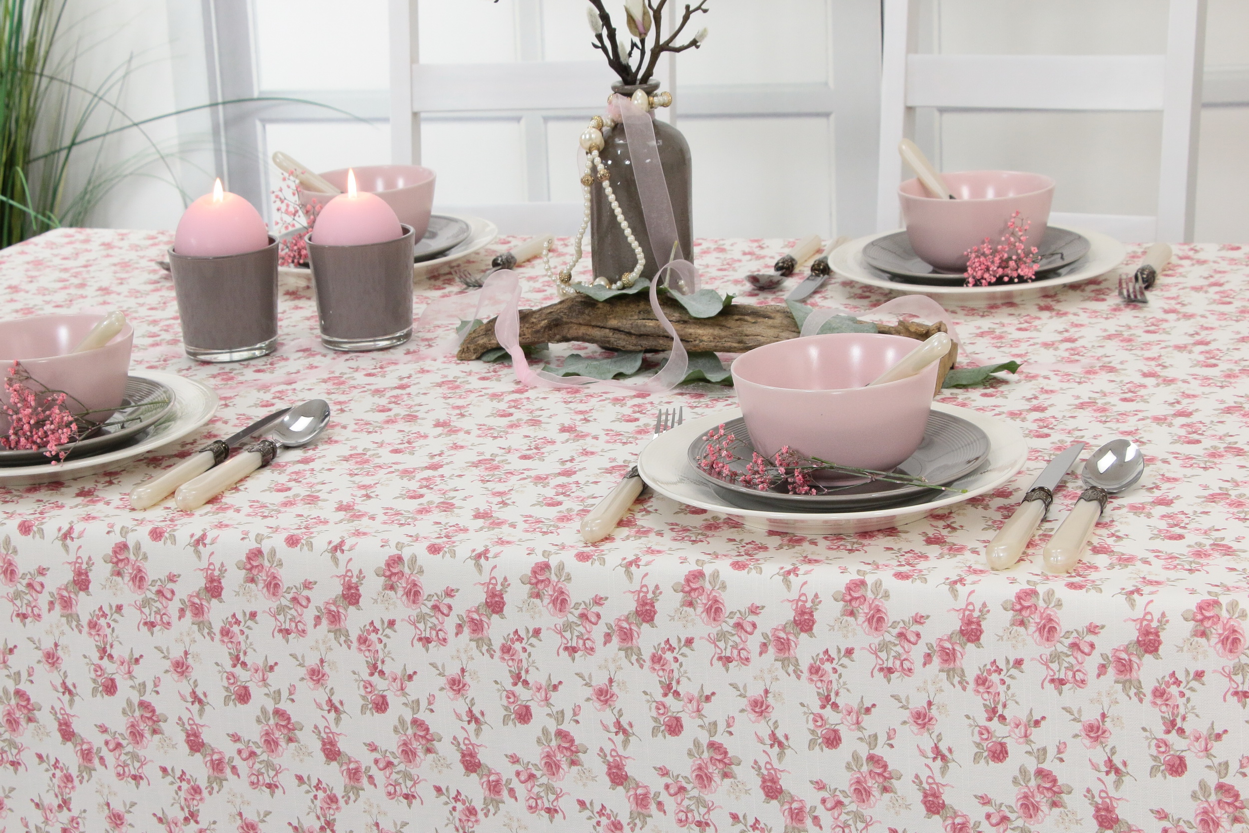 Tischdecke abwaschbar Weiß Rosa Taupe Rose Breite 110 cm