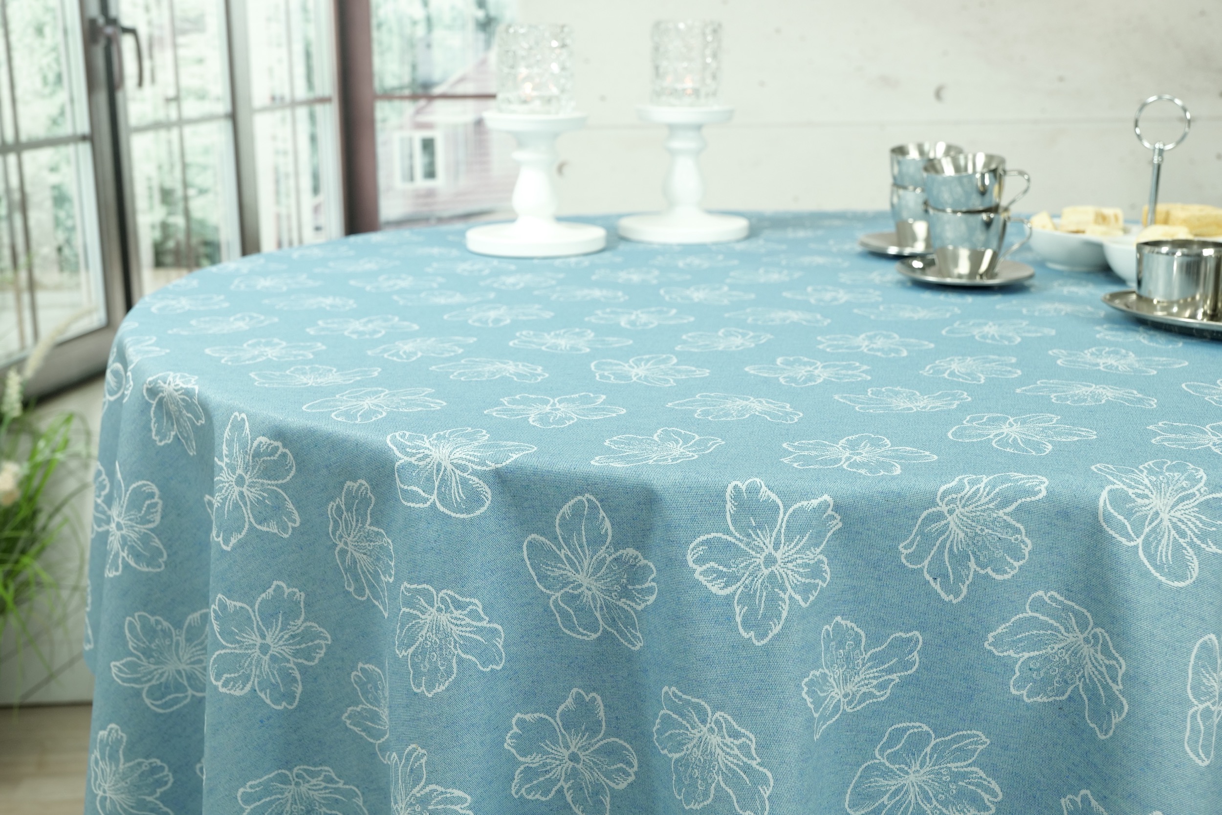 Tischdecke abwaschbar Blau Muster Blumen Adele Breite 90 cm OVAL
