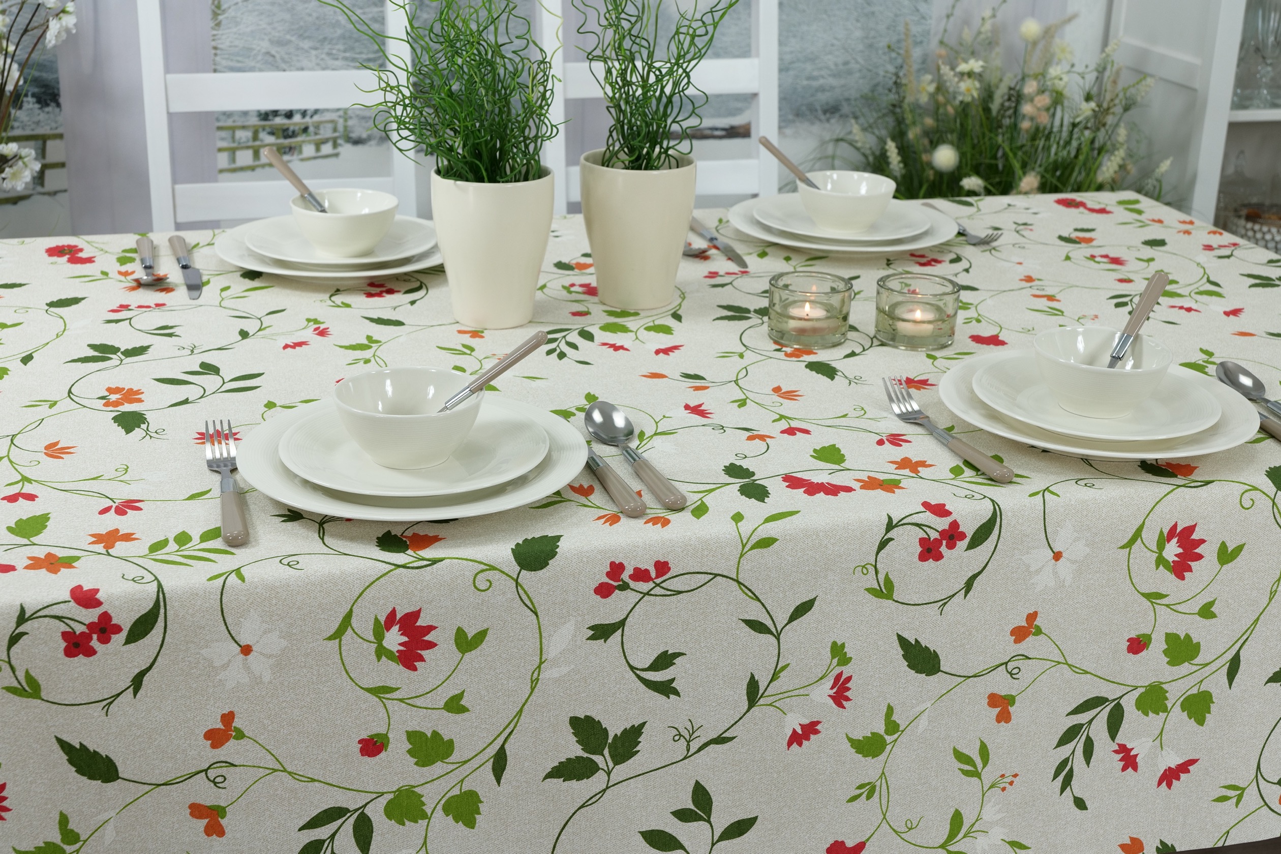 Abwaschbare Tischdecke Beige Rot Grün Muster Blütenranke Breite 138 cm