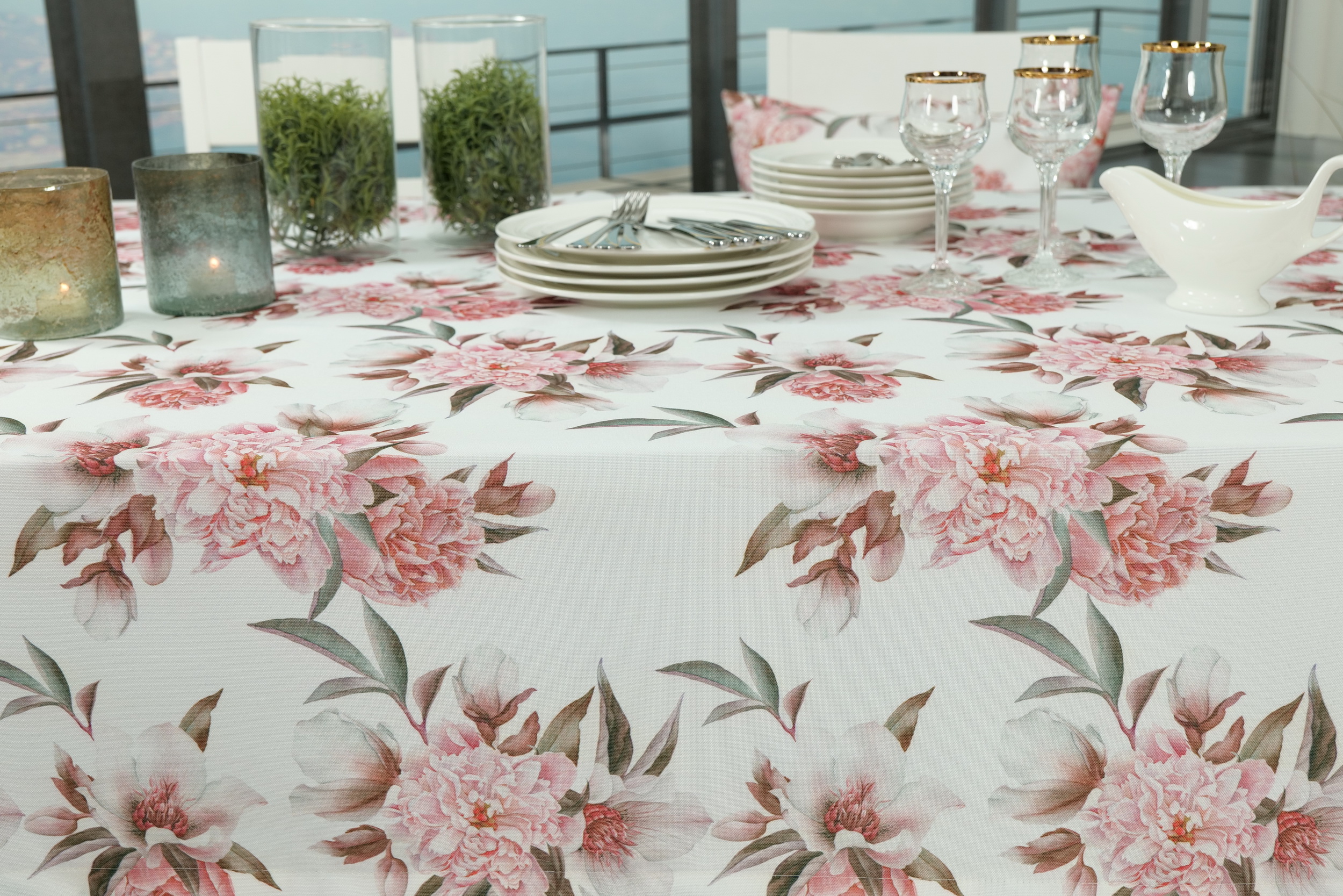 Großgeblümte Tischdecke Weiß Peony Breite 130 cm