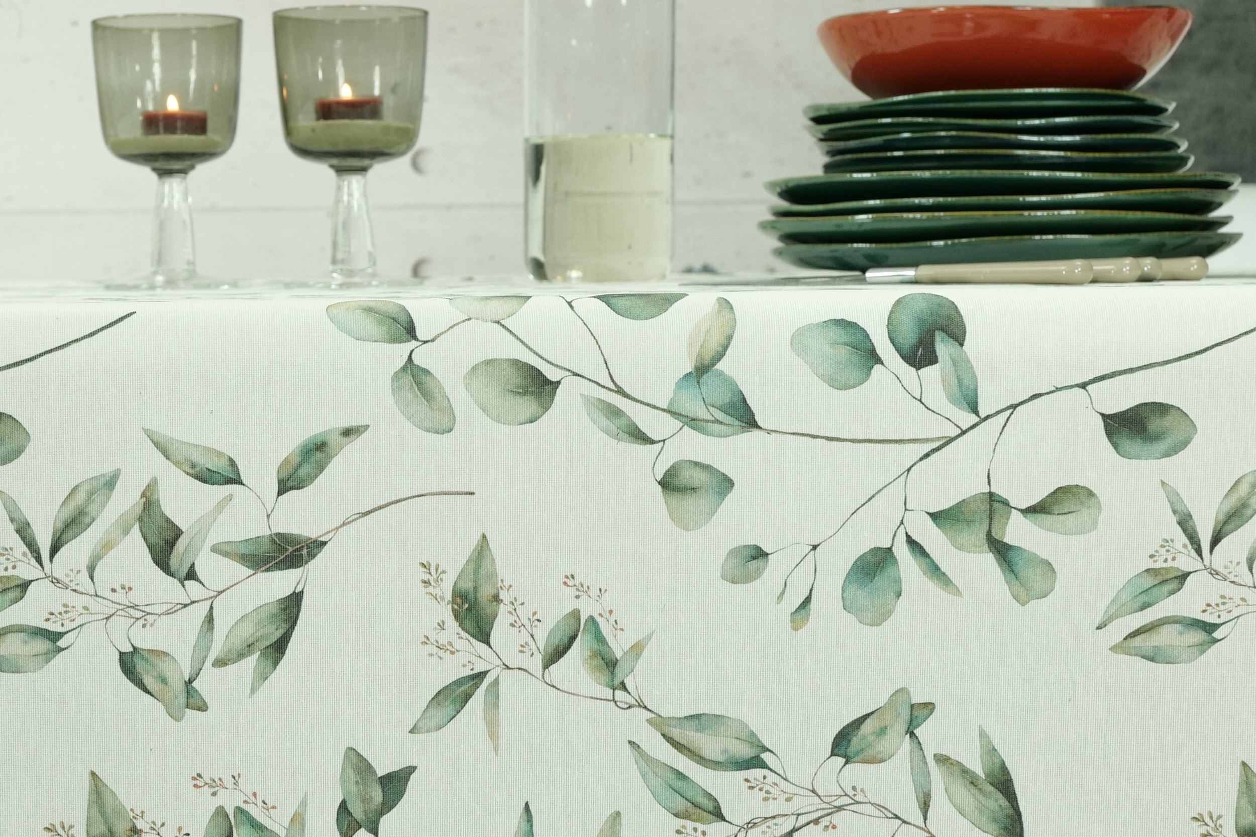 Tischdecke abwaschbar Creme Muster Olivgrün Isabella Breite 120 cm