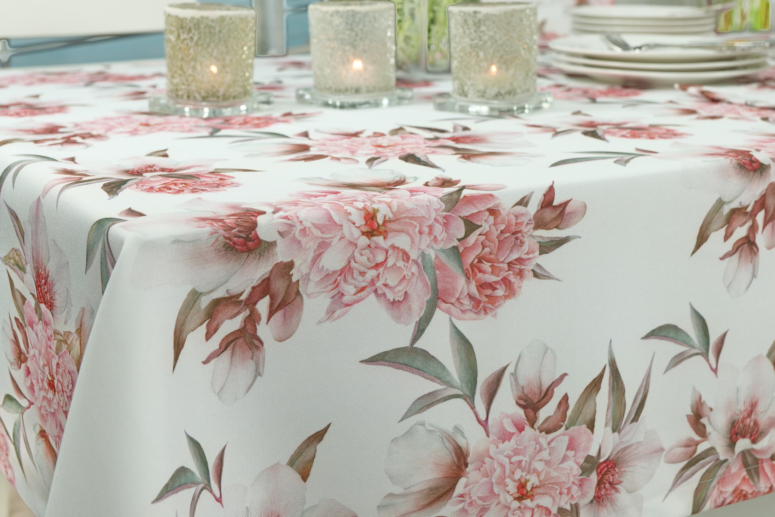 Großgeblümte Tischdecke Weiß Peony Breite 100 cm
