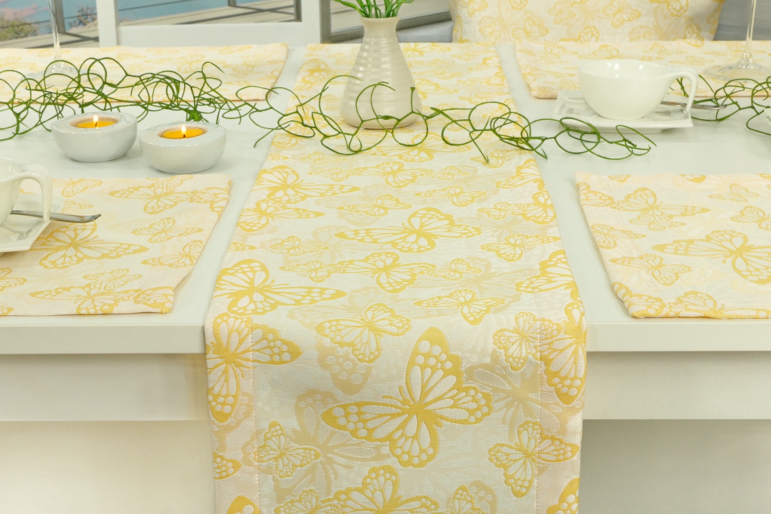 Fleckgeschützte Tischläufer Weiß Gelb Muster Springtime Breite 40 cm