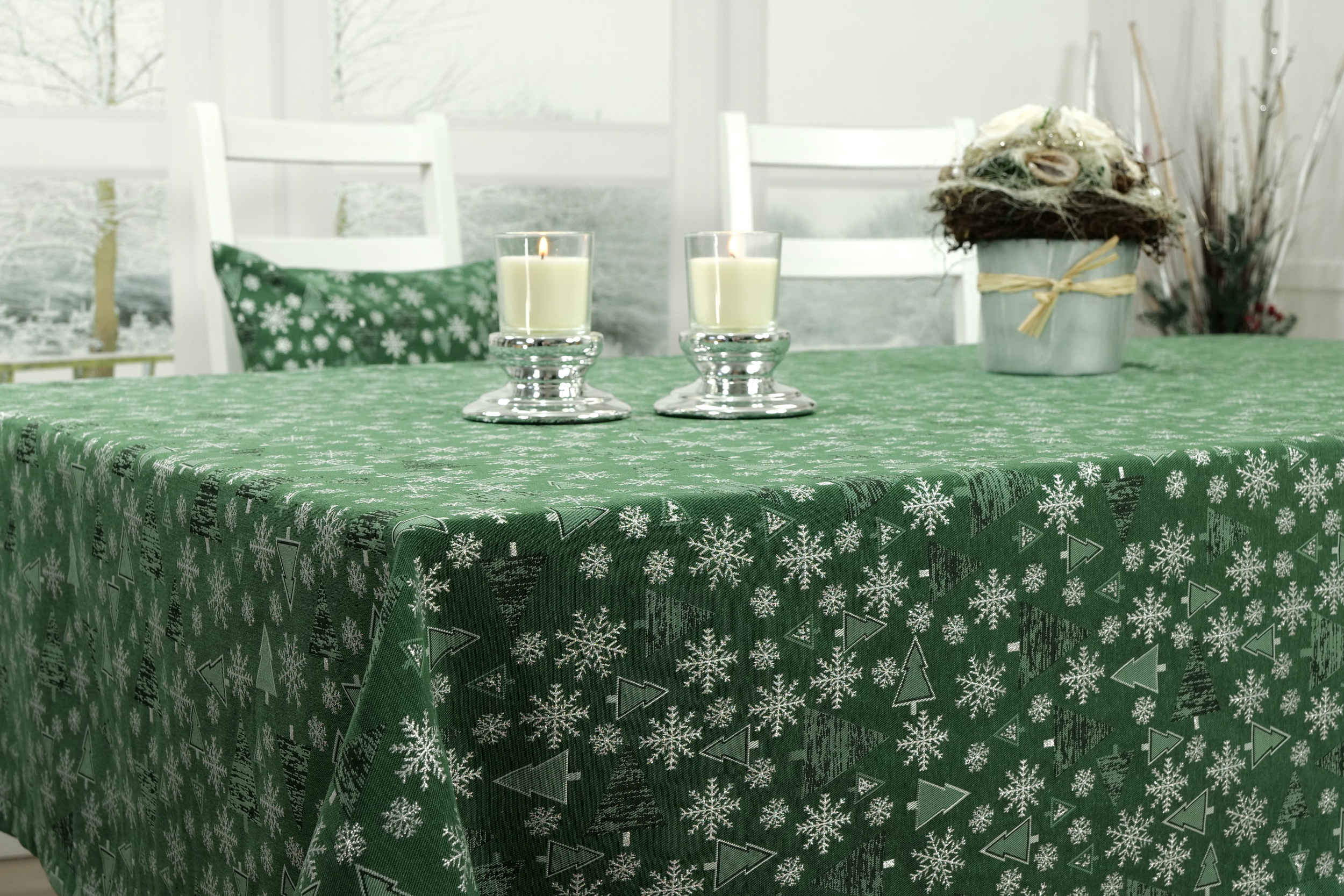 Weihnachtstischdecke Grün Silber Muster Festlichkeit Breite 120 cm