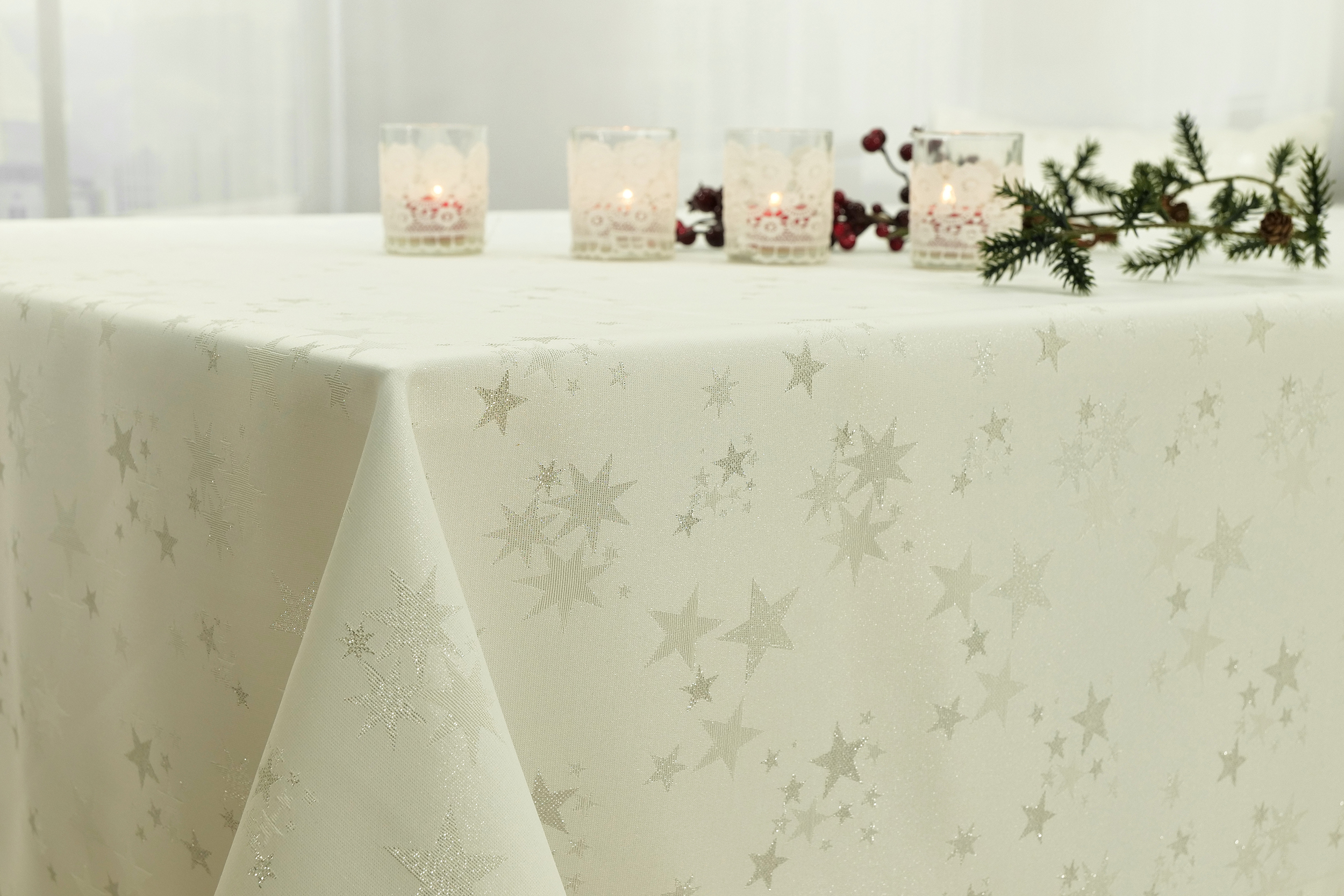 Tischdecke mit Fleckschutz Creme Silber Sternenpracht Breite 140 cm