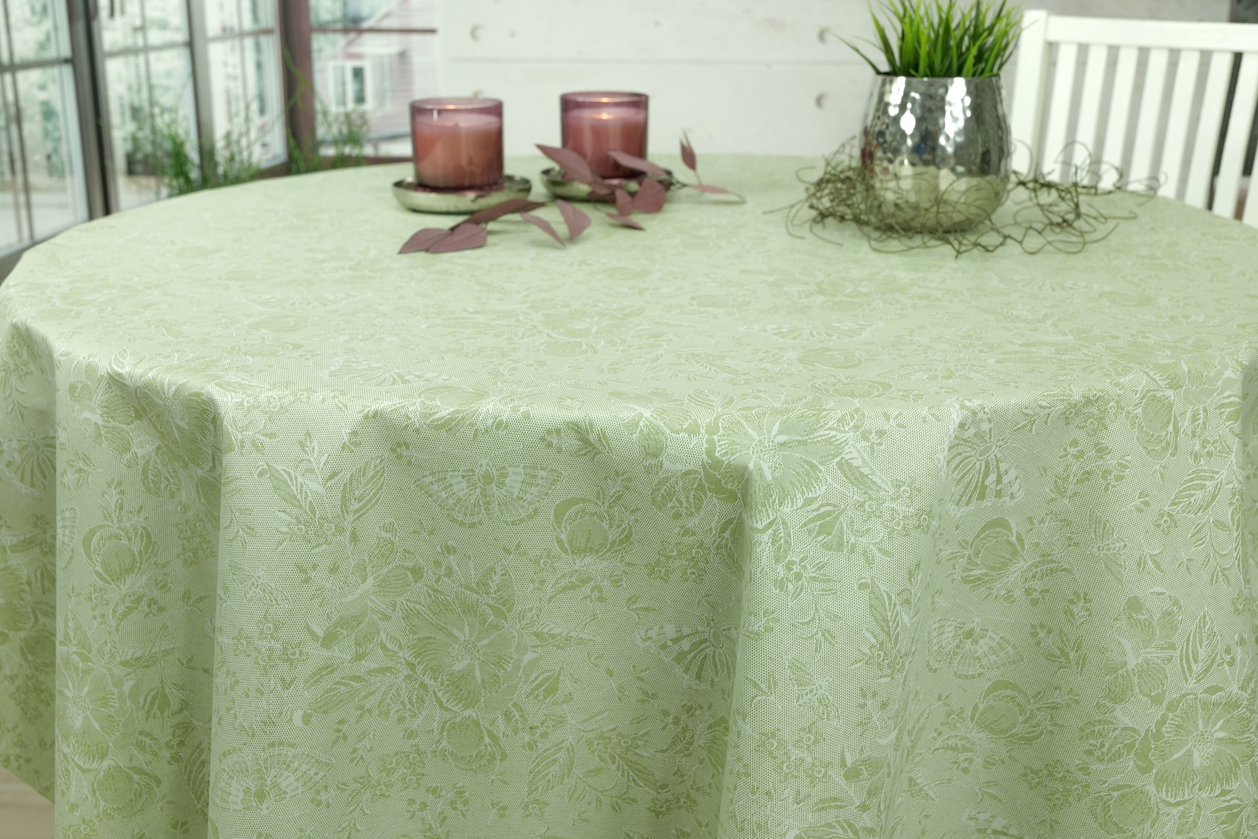 Tischdecke abwaschbar Pistaziengrün gemustert Helen ab 80 cm bis 178 cm RUND