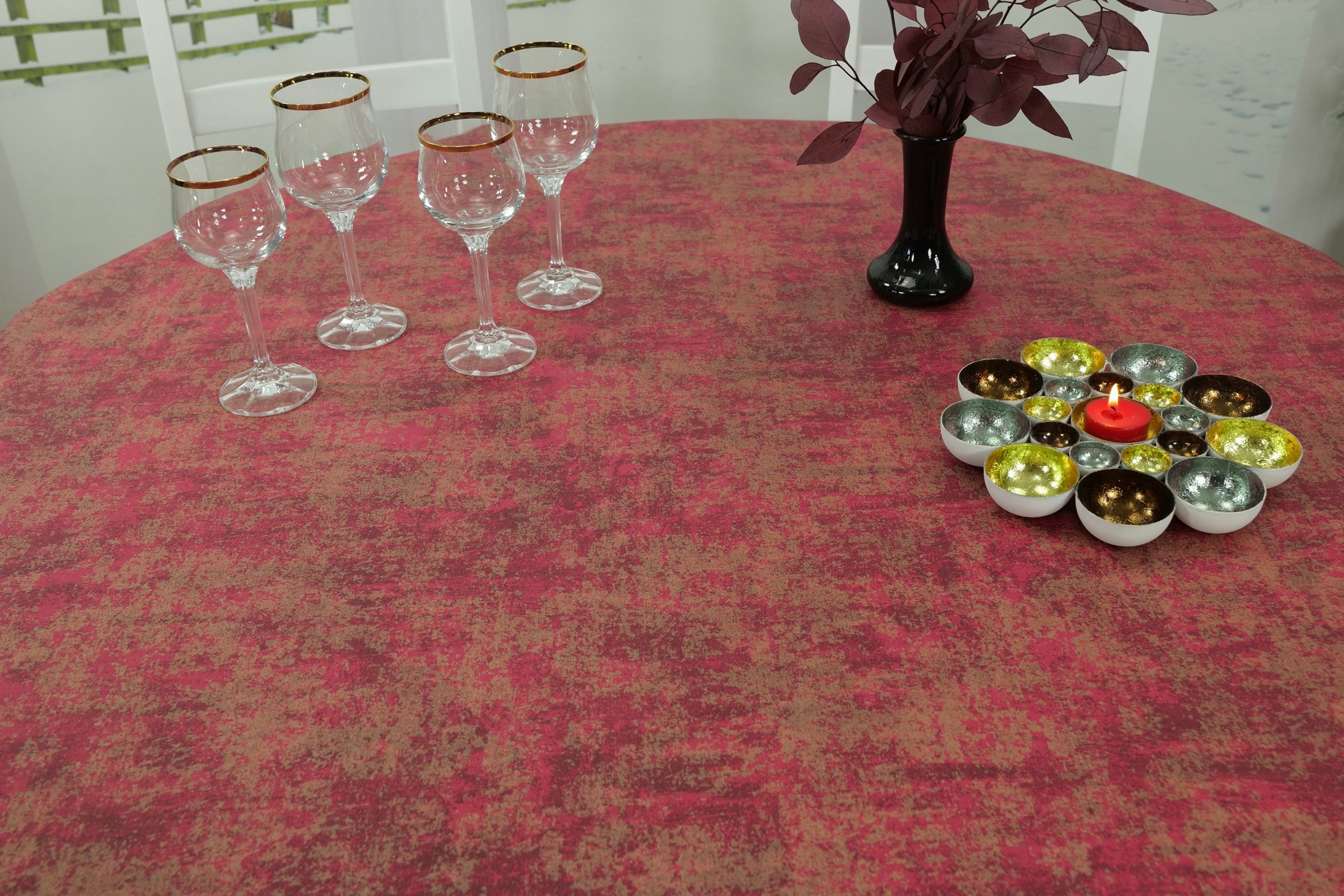 Abwaschbare Tischdecke Rot-Lila Gold marmoriert Thasos Breite 140 cm OVAL