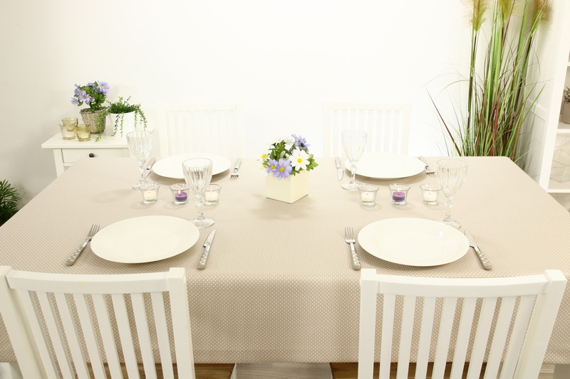 Tischdecke Beige Pünktchen Weiß Pia Breite 90 cm