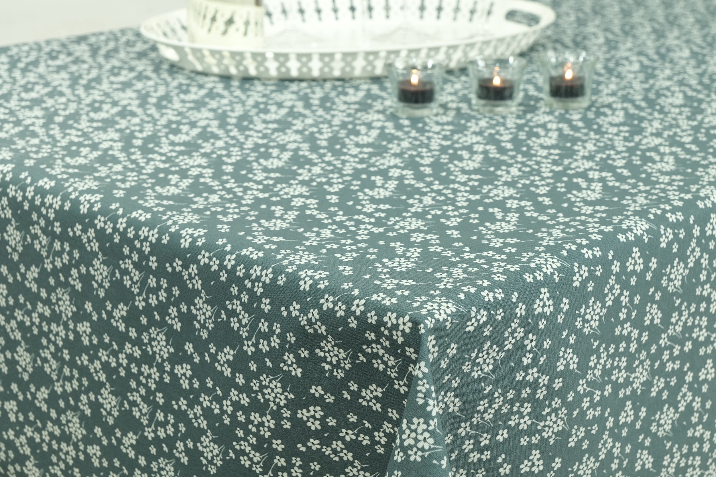 Abwaschbare Tischdecke Graublau Muster Mille Fleur ab 80x80 cm – 138x138 cm QUADRATISCH