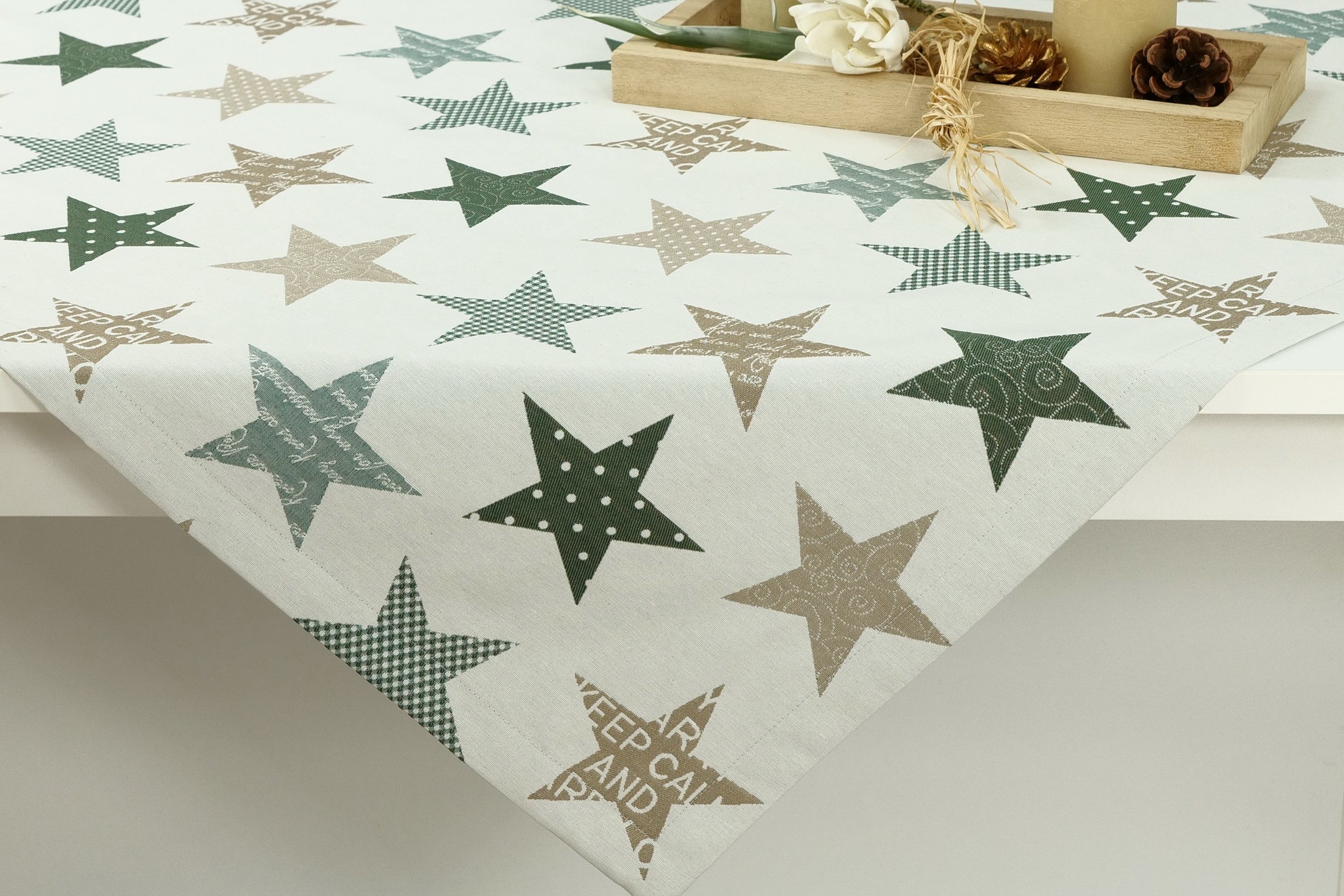 Moderne Weihnachtstischdecke Beige Grün Sterne ab 80x80 cm - 200x200 cm QUADRATISCH