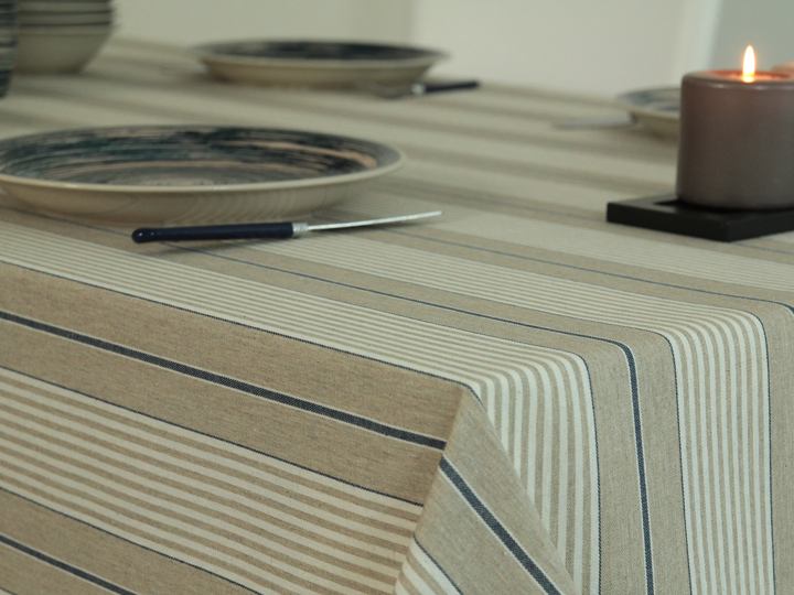 Abwaschbare Tischdecke Natur Beige Streifen  Blau JANITA Breite 120 cm