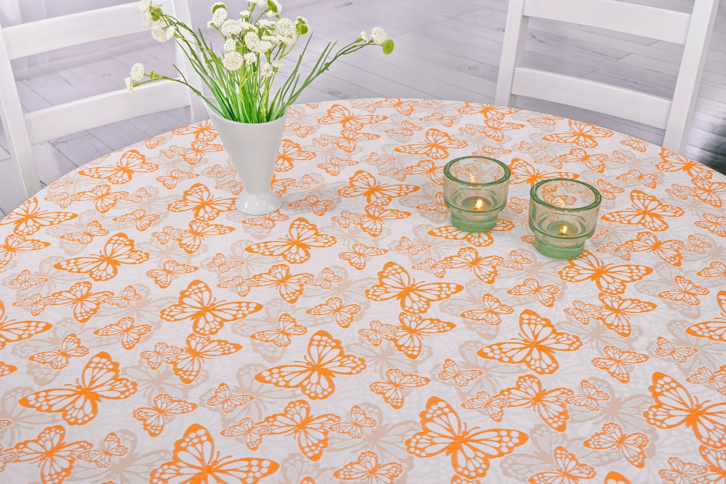 Fleckgeschützte Tischdecke Weiß Orange Muster Springtime Breite 120 cm OVAL