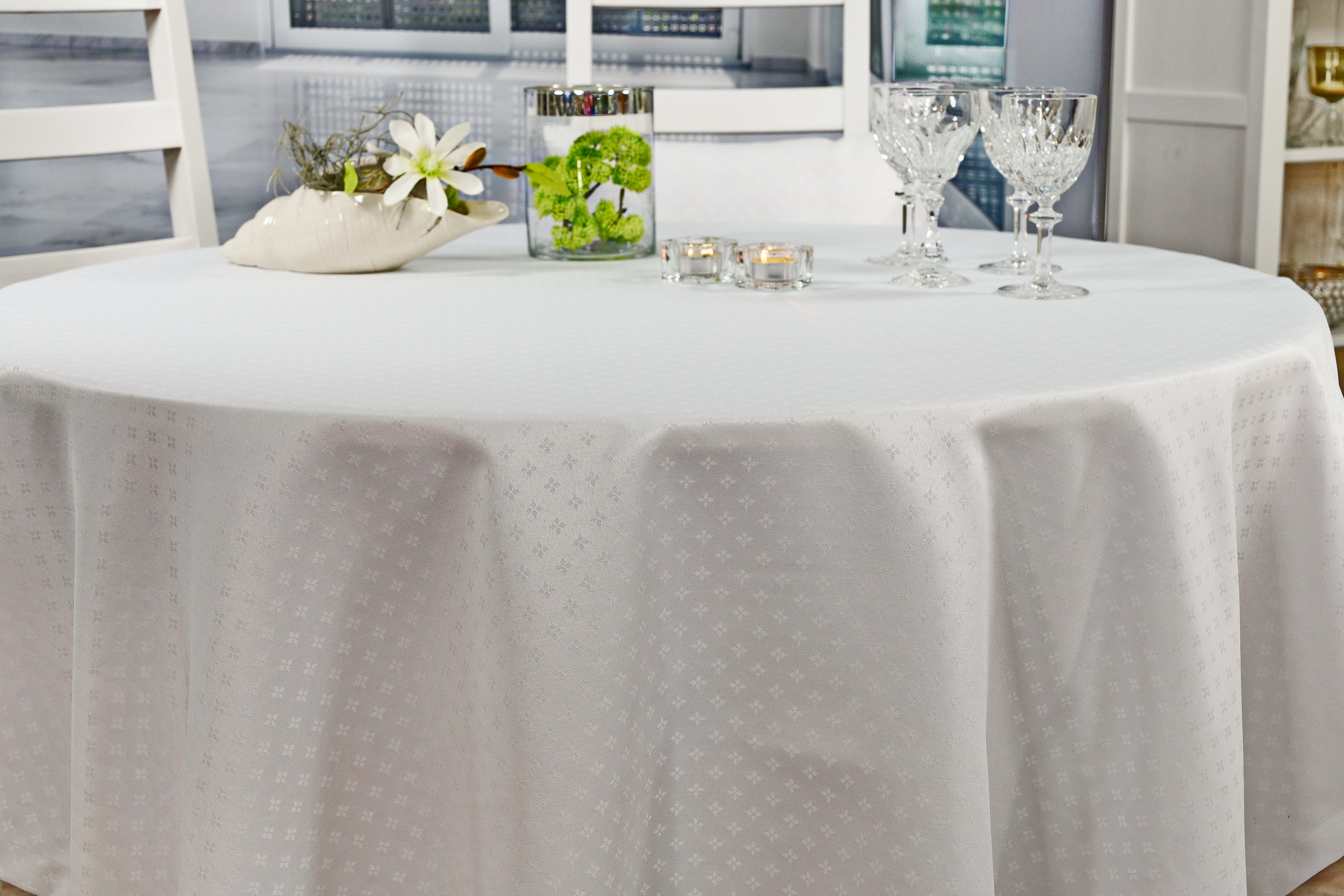 Weiße Tischdecke Feines Muster mit Fleckschutz Fiori ab 80 cm bis 200 cm RUND