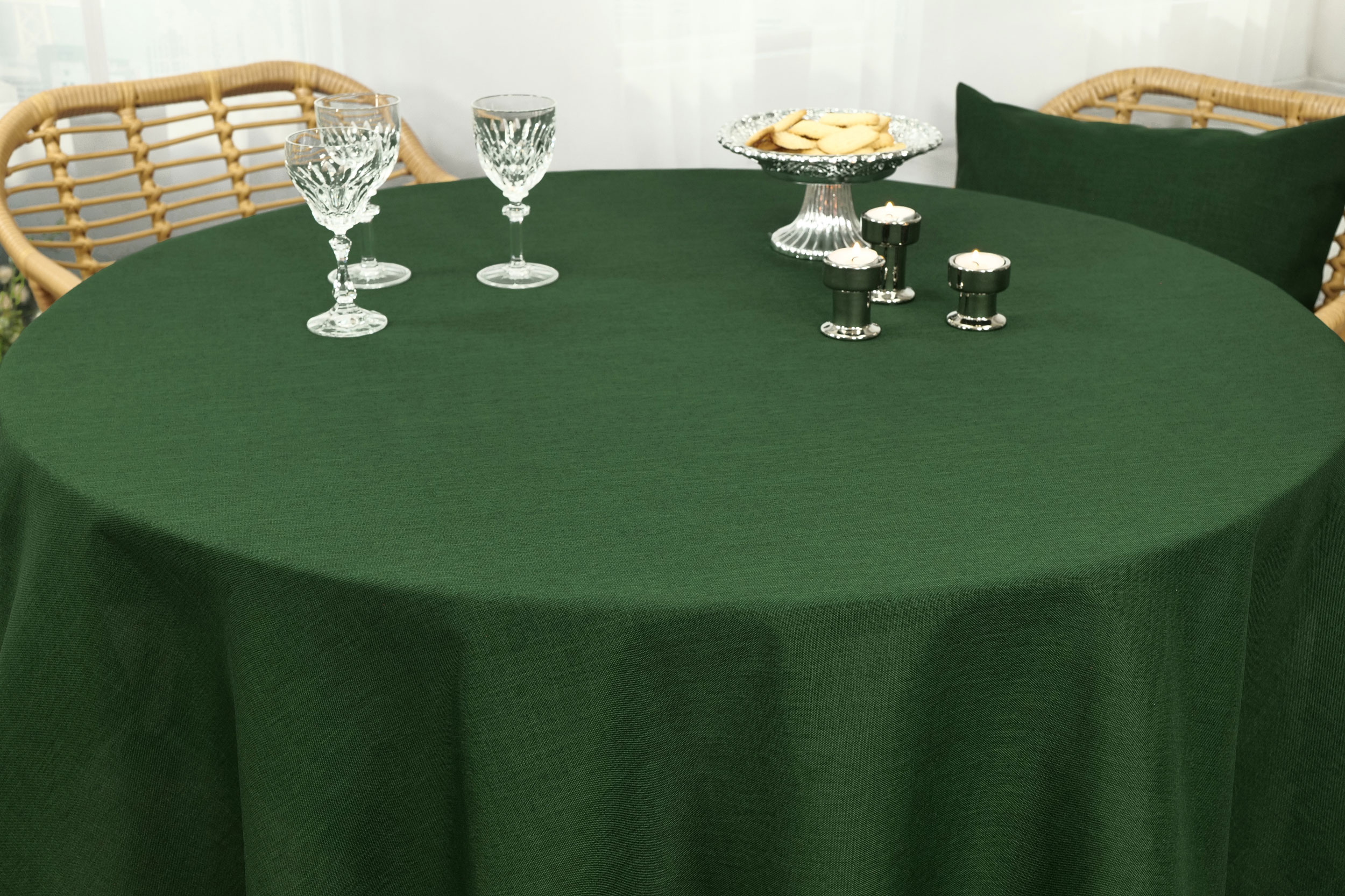 Tischdecke mit Fleckschutz Tannengrün Uni Leinenoptik Valerie ab 80 cm bis 200 cm RUND