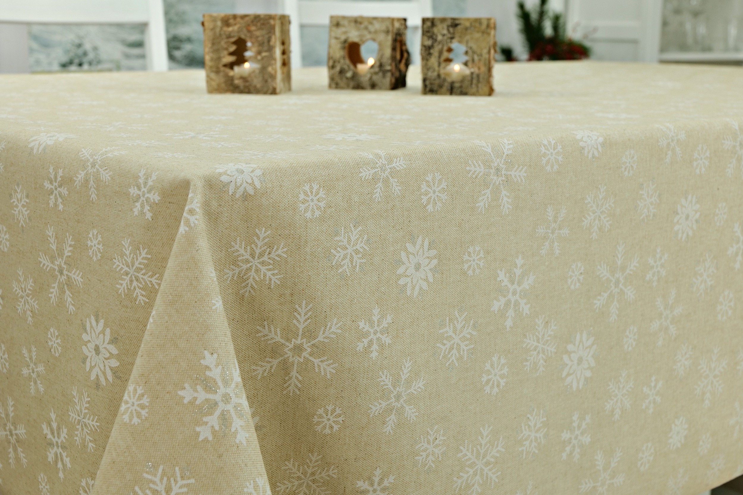 Abwaschbare Tischdecke Weihnachten Beige Muster Schneeflocken ab 80x80 cm - 138x138 cm QUADRATISCH