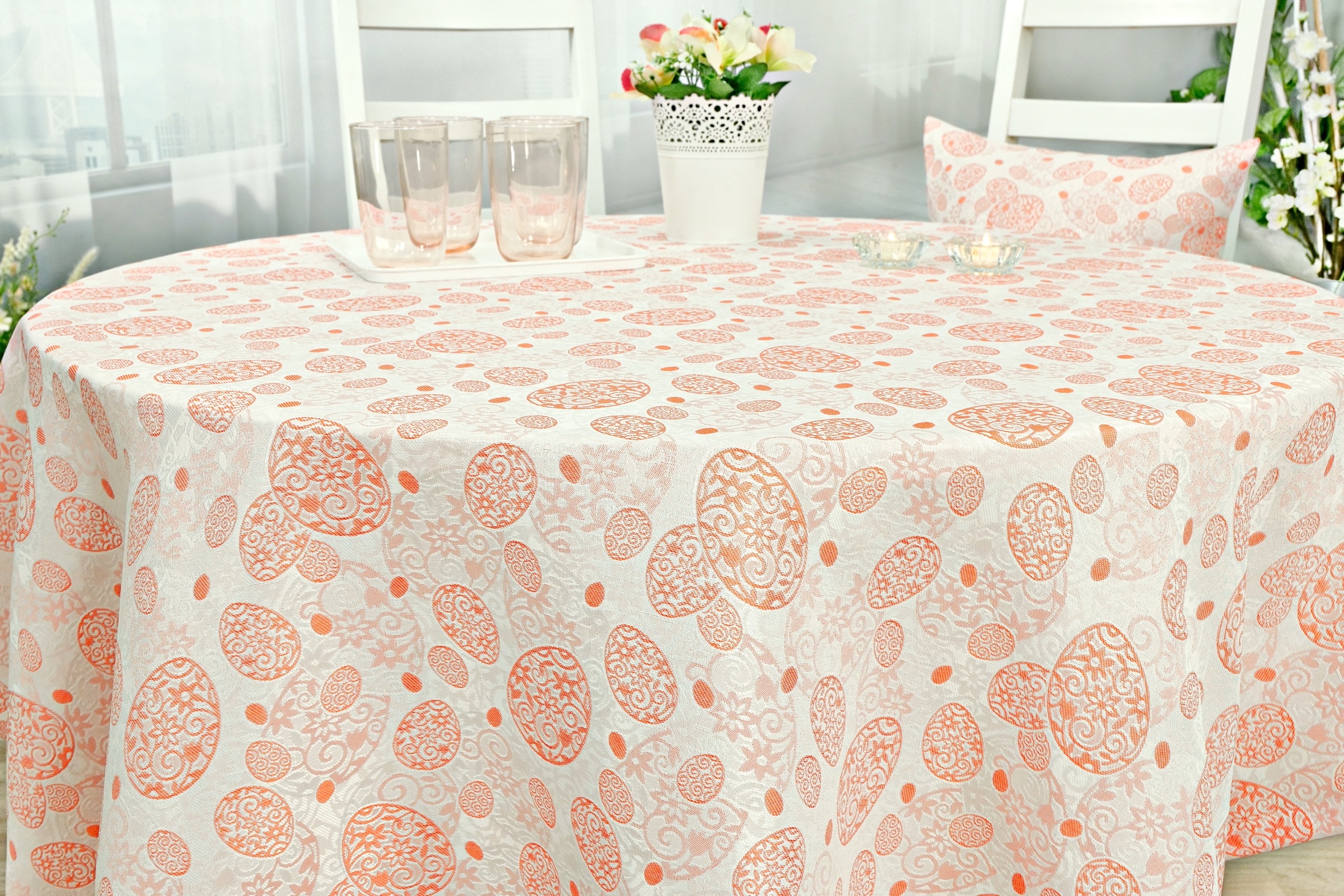 Oster Tischdecke mit Fleckschutz Weiß Orange Easter Egg ab 80 cm bis 160 cm RUND