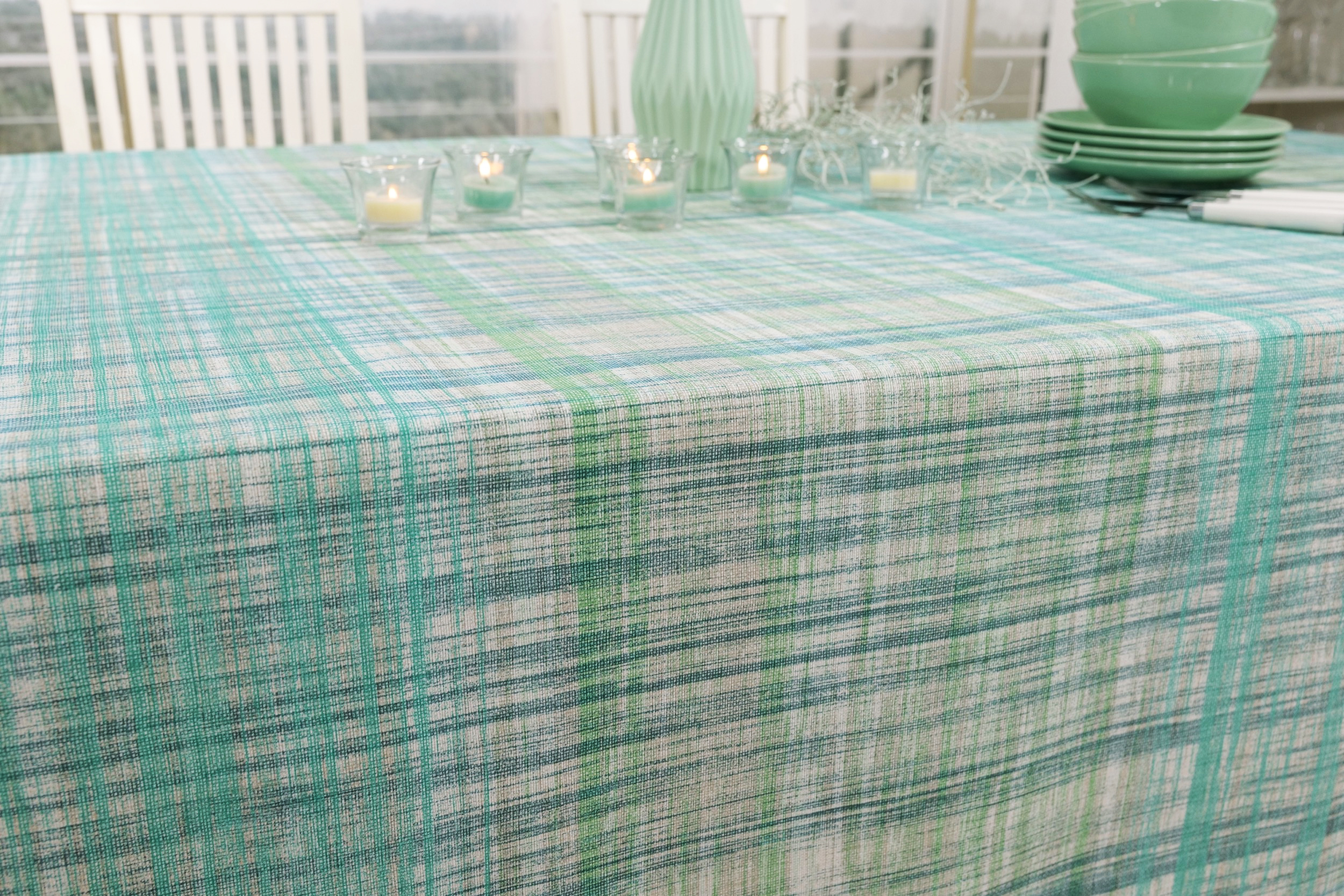 Tischdecke abwaschbar Blau Grün gemustert Madeira Breite 100 cm