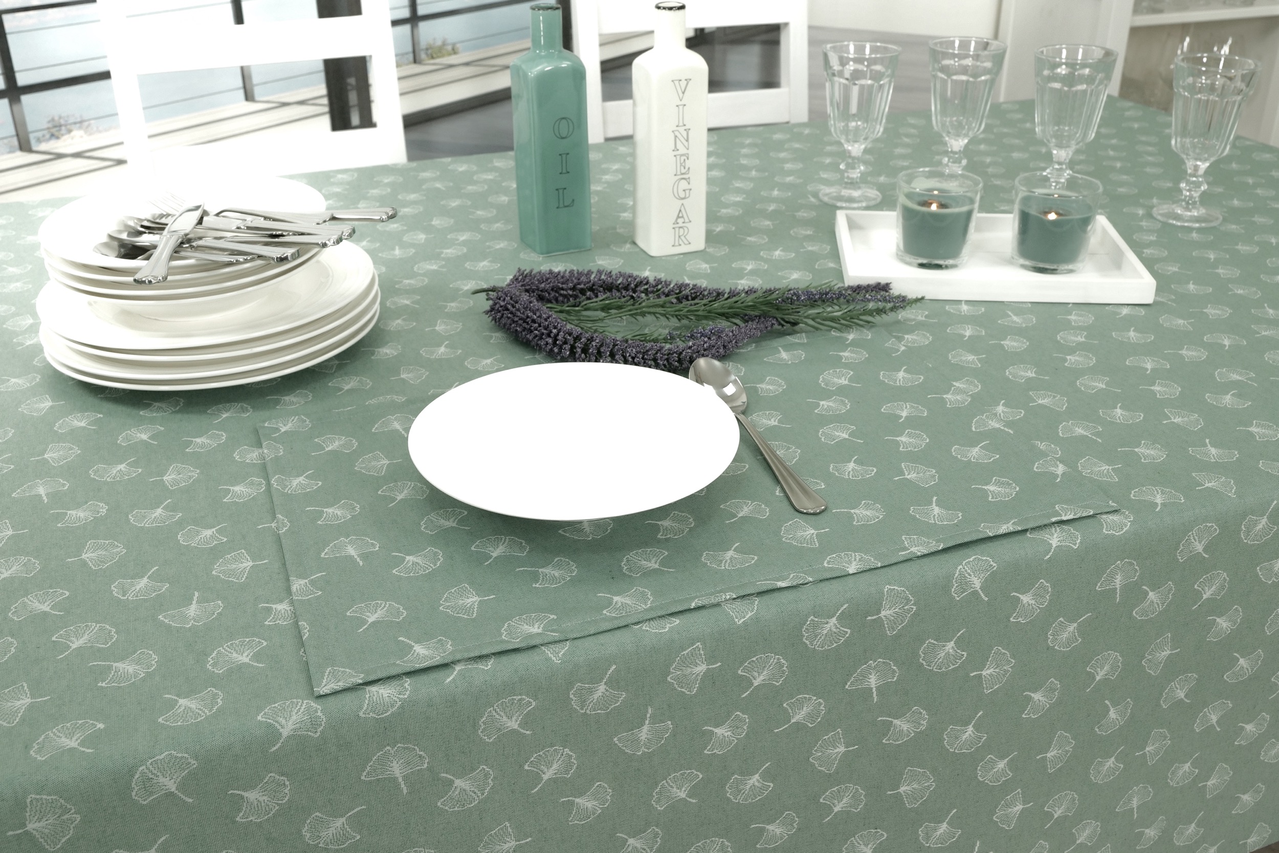 Tischdecke abwaschbar Eisgrün Muster Malta Breite 160 cm