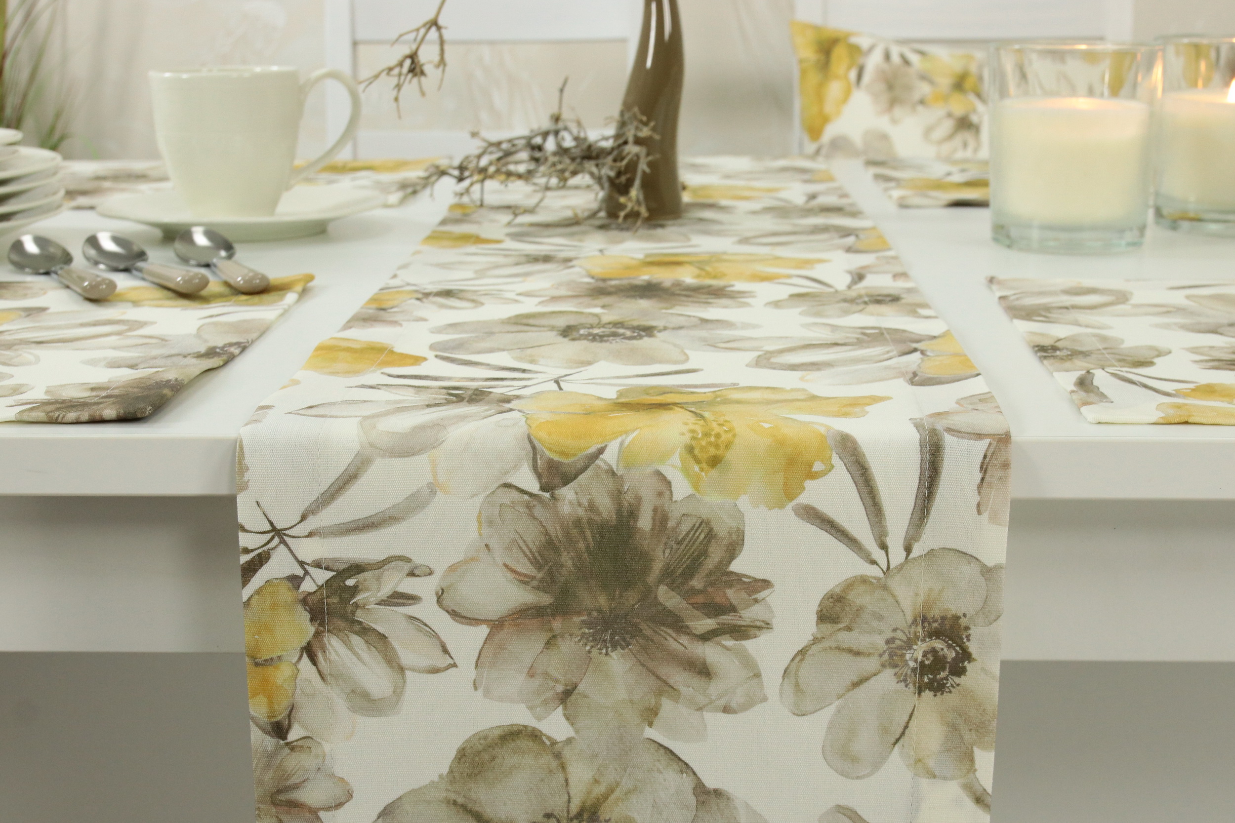 Tischläufer mit Fleckschutz Natur Beige Flower Muster Breite 40 cm