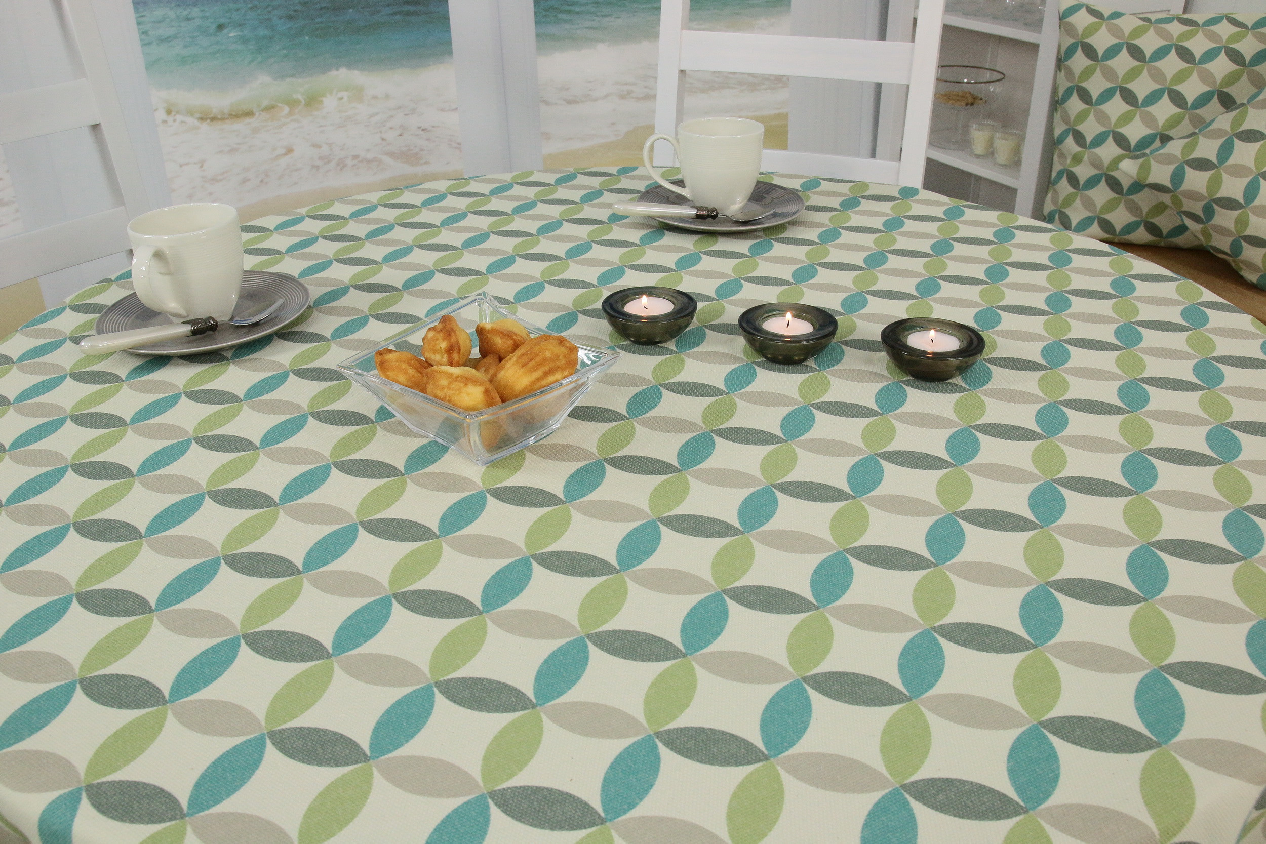 Tischdecke mit Fleckschutz Beige Lindgrün Muster Venezia Breite 90 cm OVAL