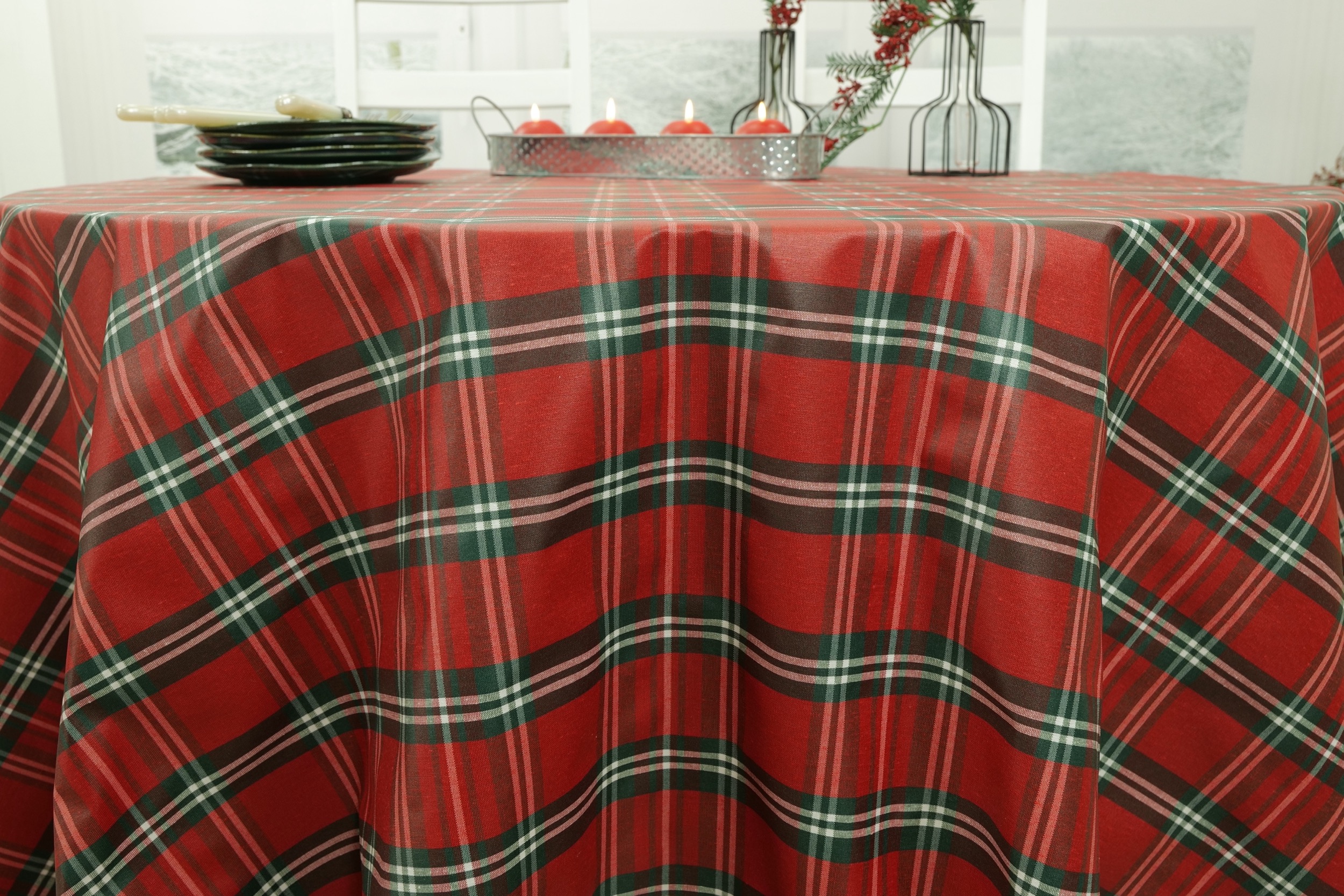 Tischdecke abwaschbar Rot Grün Weiß Kariert Tartan ab Ø 80 cm bis 178 cm RUND