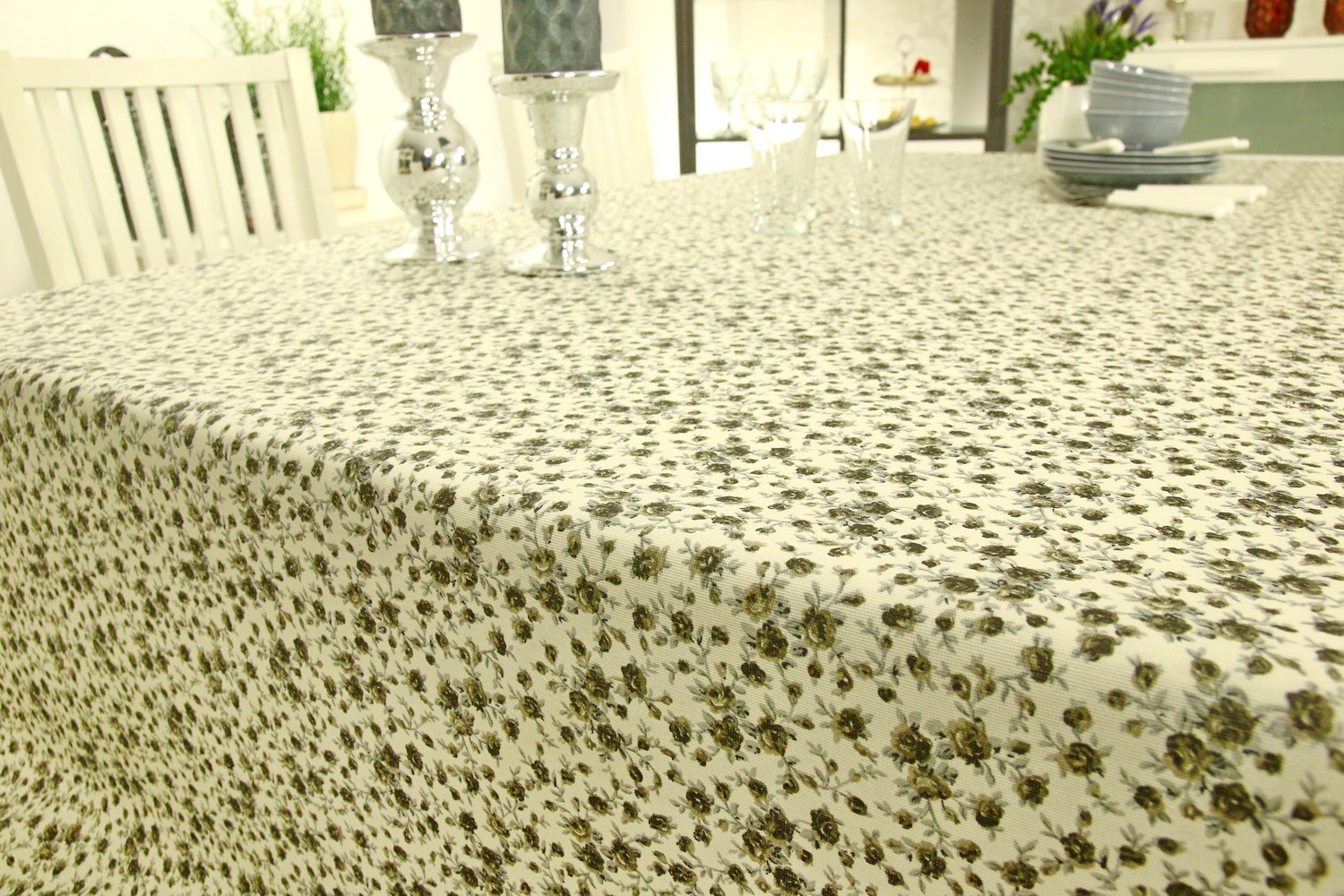 Tischdecke abwaschbar Grau Weiß kleine Blümchen ab 80x80 cm bis 158x158 cm QUADRATISCH