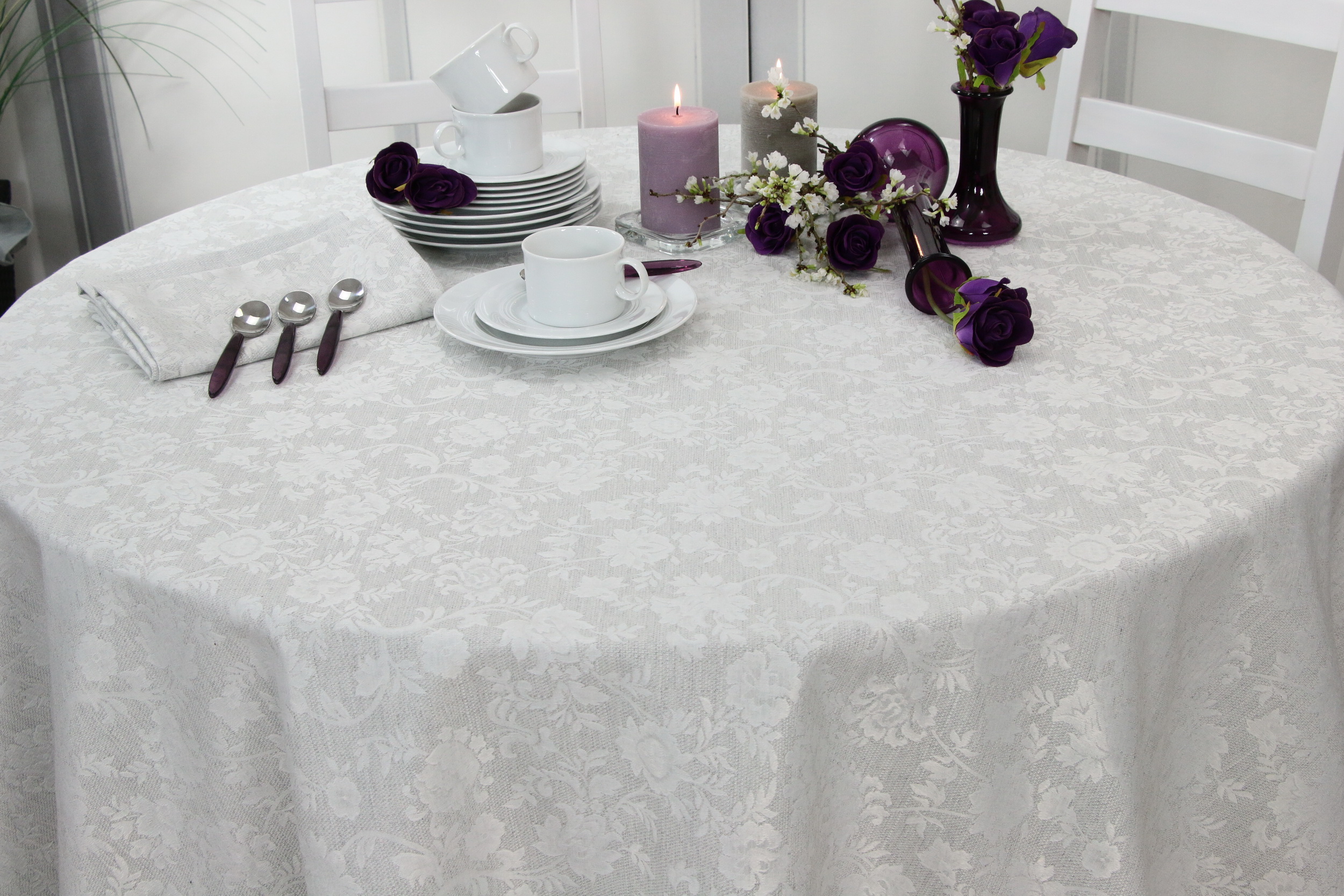 Tischdecke mit Fleckschutz Evita Perlgrau Ranke ab 80 cm bis 200 cm RUND