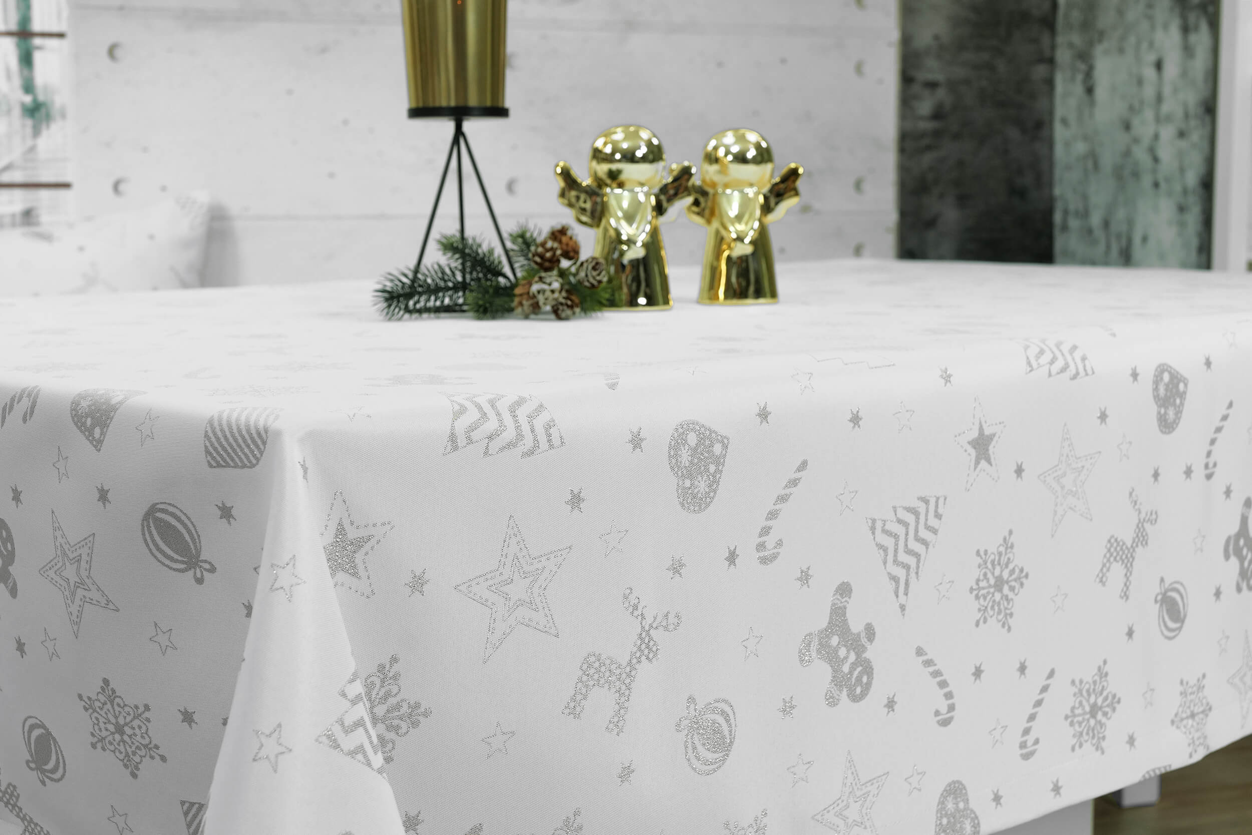 Weiße Tischdecke mit Fleckschutz Muster Silber Estrello Breite 130 cm