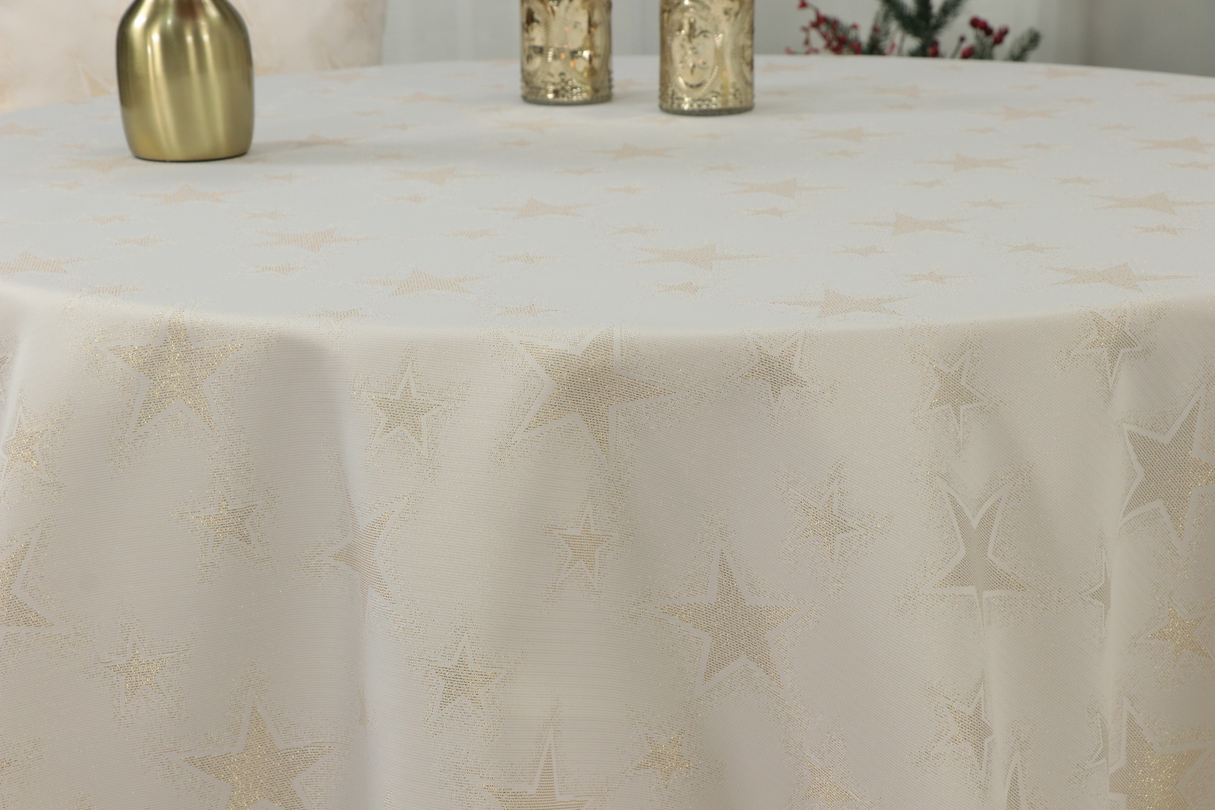 Weihnachtstischdecke mit Fleckschutz Advent champagner Sterne gold ab 80 cm bis 150 cm RUND