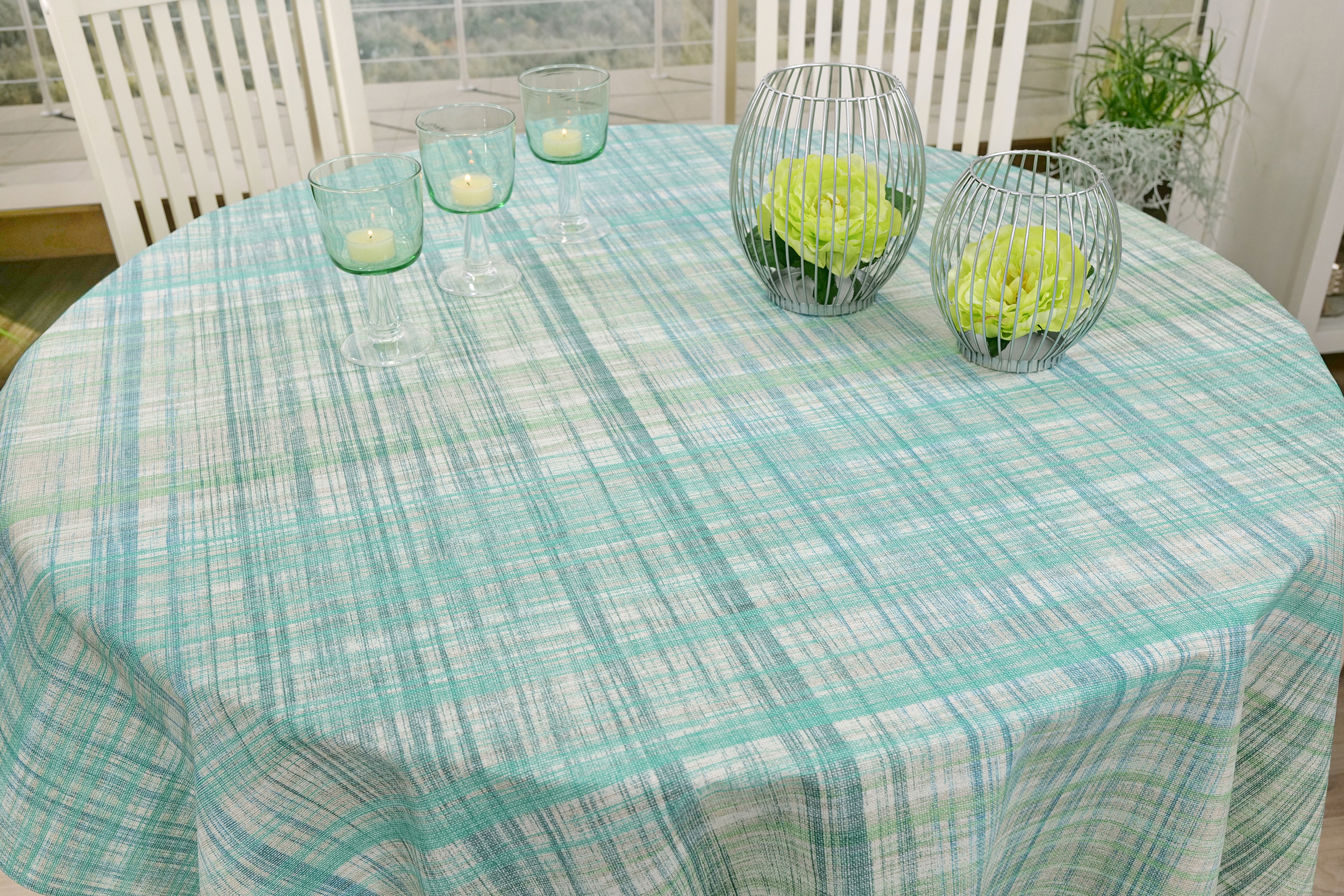 Tischdecke abwaschbar Blau Grün gemustert Madeira ab 80 cm bis 138 cm RUND