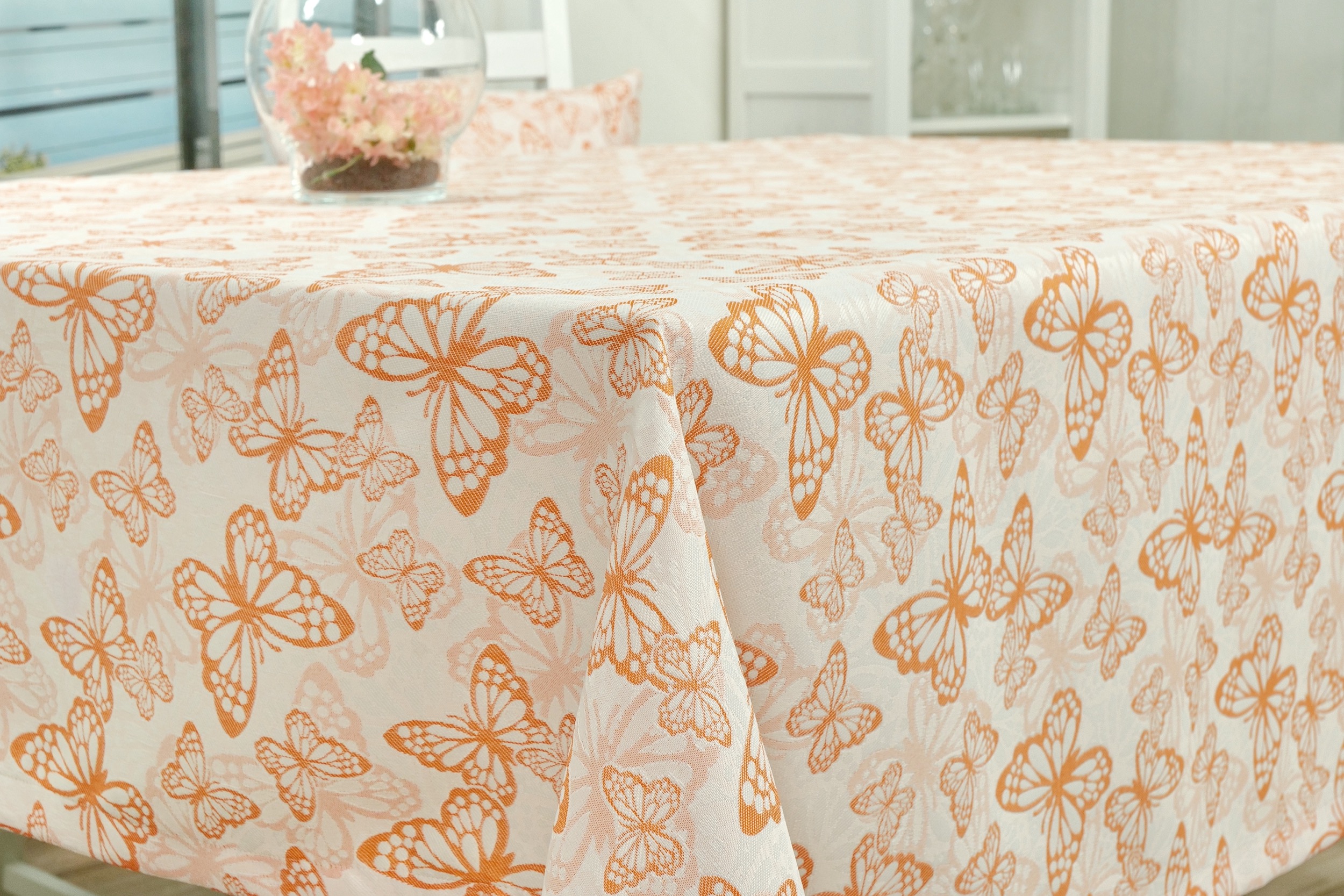 Fleckgeschützte Tischdecke Weiß Orange Muster Springtime Breite 130 cm