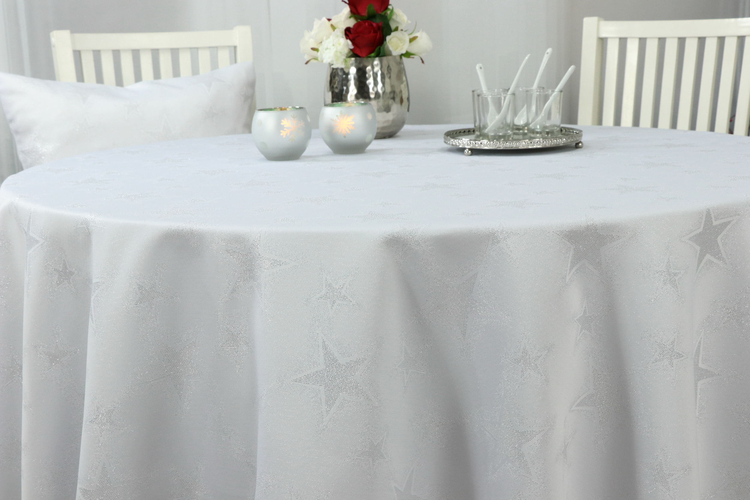 Fleckgeschützte Tischdecke Weihnachten Weiß Silber Sterne Advent ab 80 cm bis 170 cm RUND