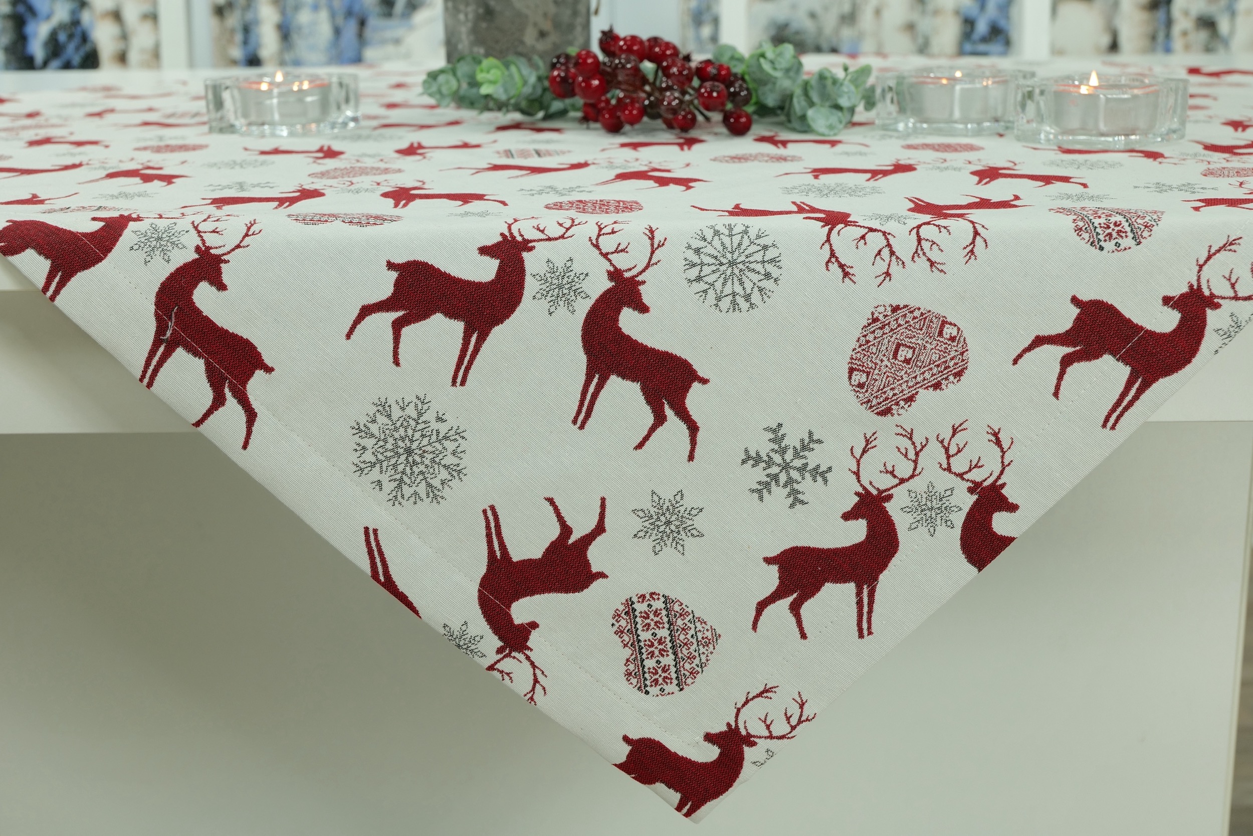 Weihnachtstischdecke Hellgrau Kirschrot Muster Rentier ab 80x80 cm - 200x200 cm QUADRATISCH