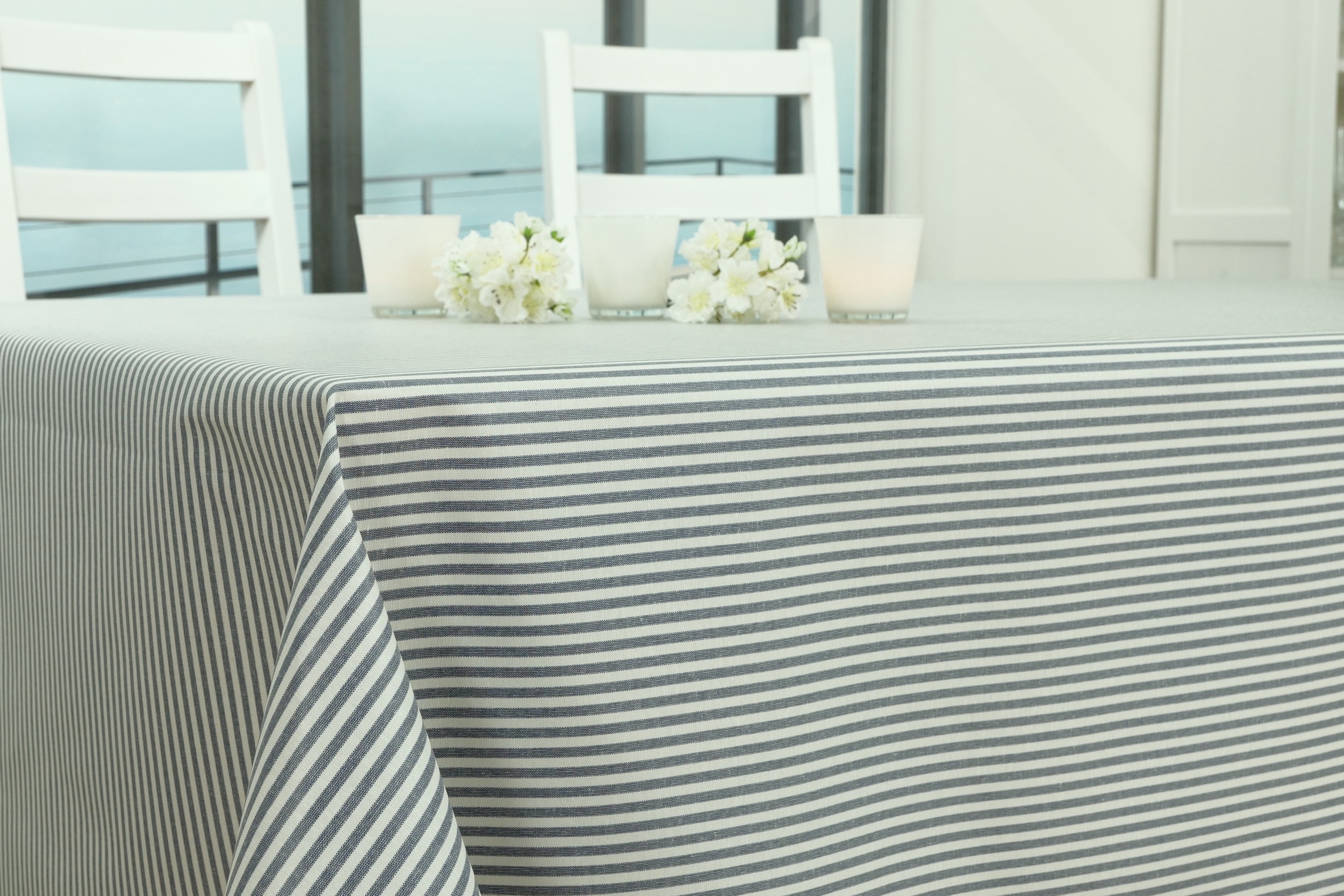 Tischdecke abwaschbar Blaugrau Weiß gestreift Fiete ab 80x80 cm - 178x178 cm QUADRATISCH