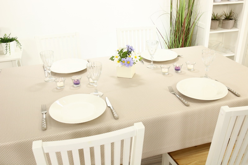 Tischdecke Beige Pünktchen Weiß Pia Breite 130 cm