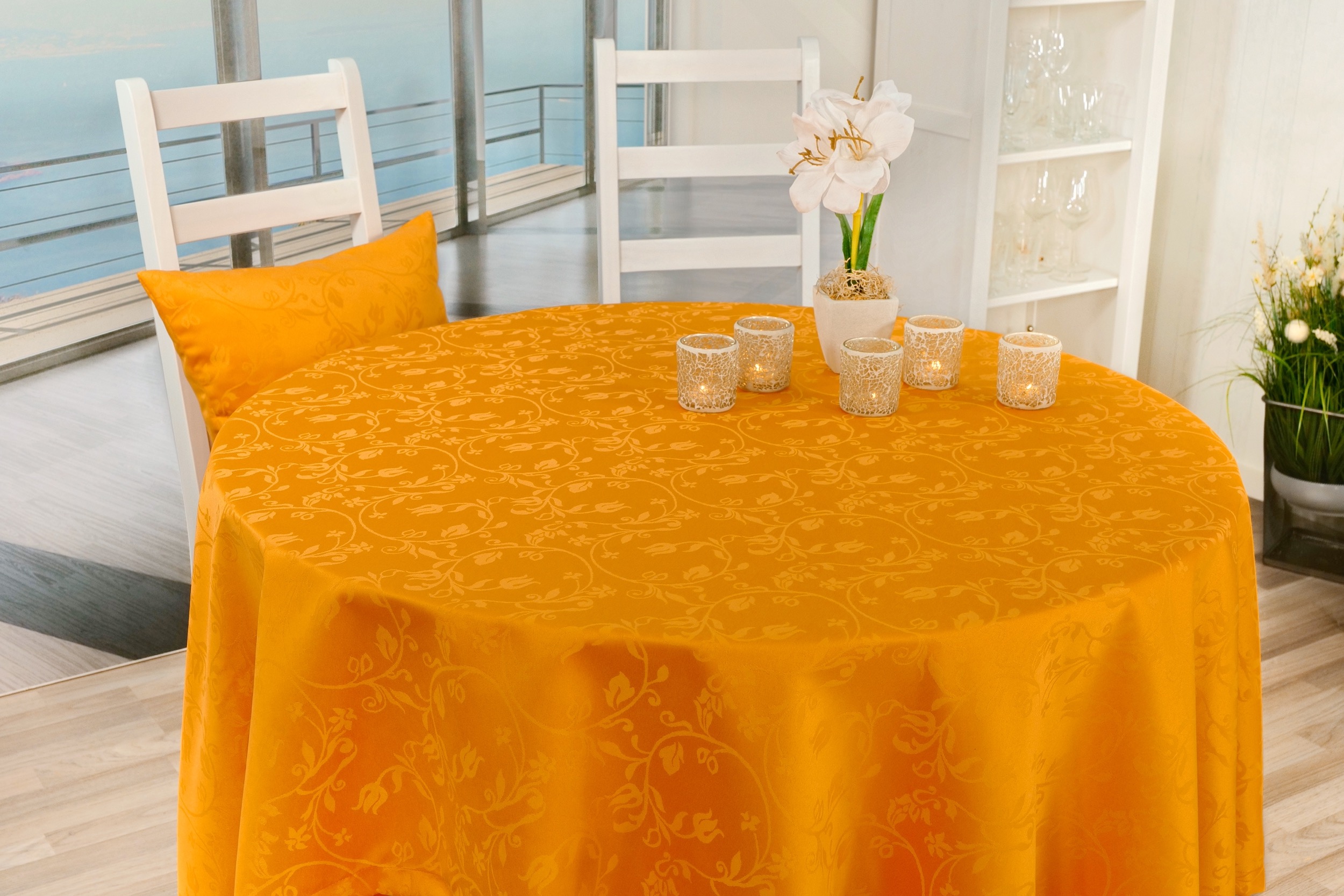 Tischdecke mit Fleckschutz Orange Blütenranke Fresh ab 80 cm bis 200 cm RUND
