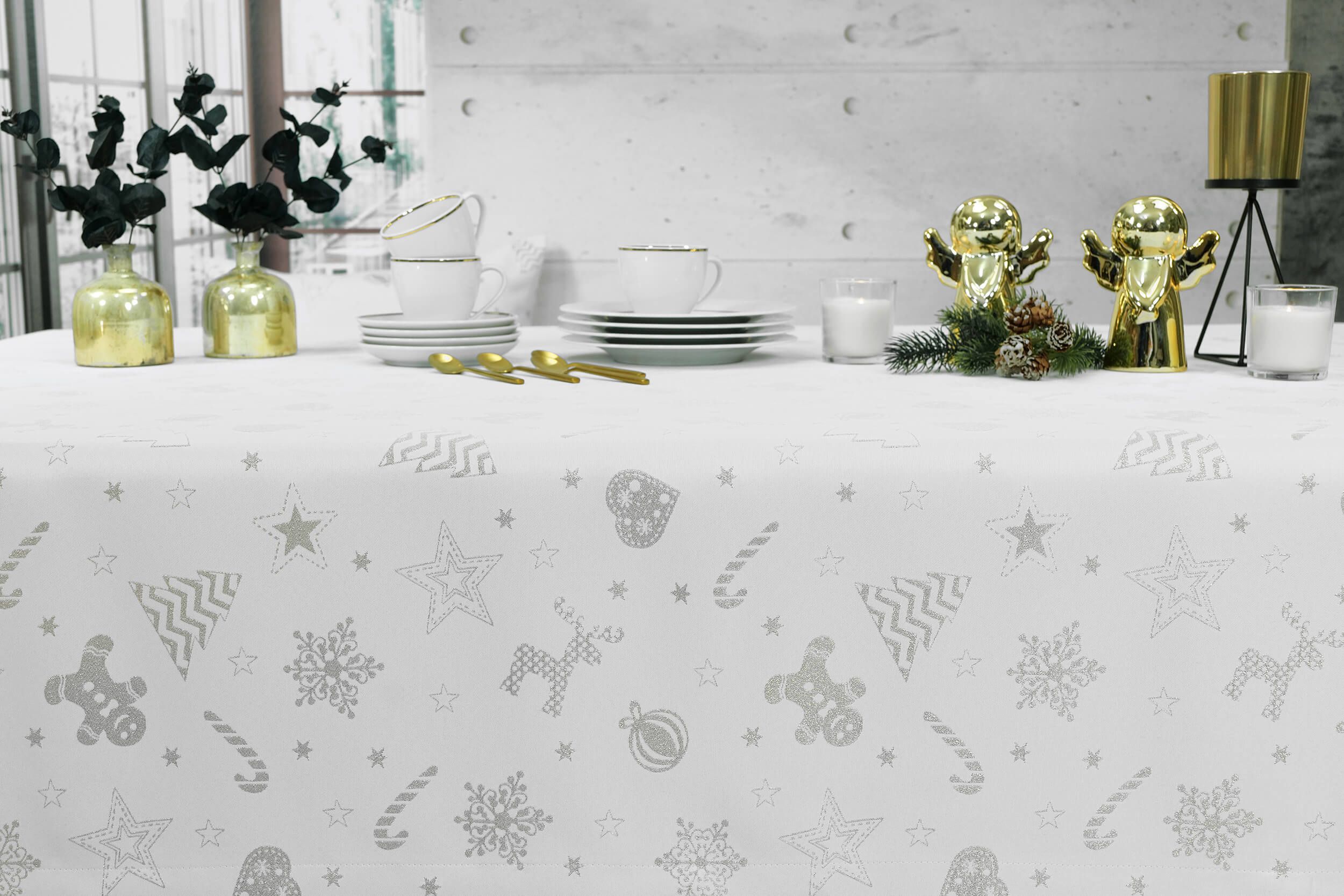 Weiße Tischdecke mit Fleckschutz Muster Silber Estrello Breite 150 cm