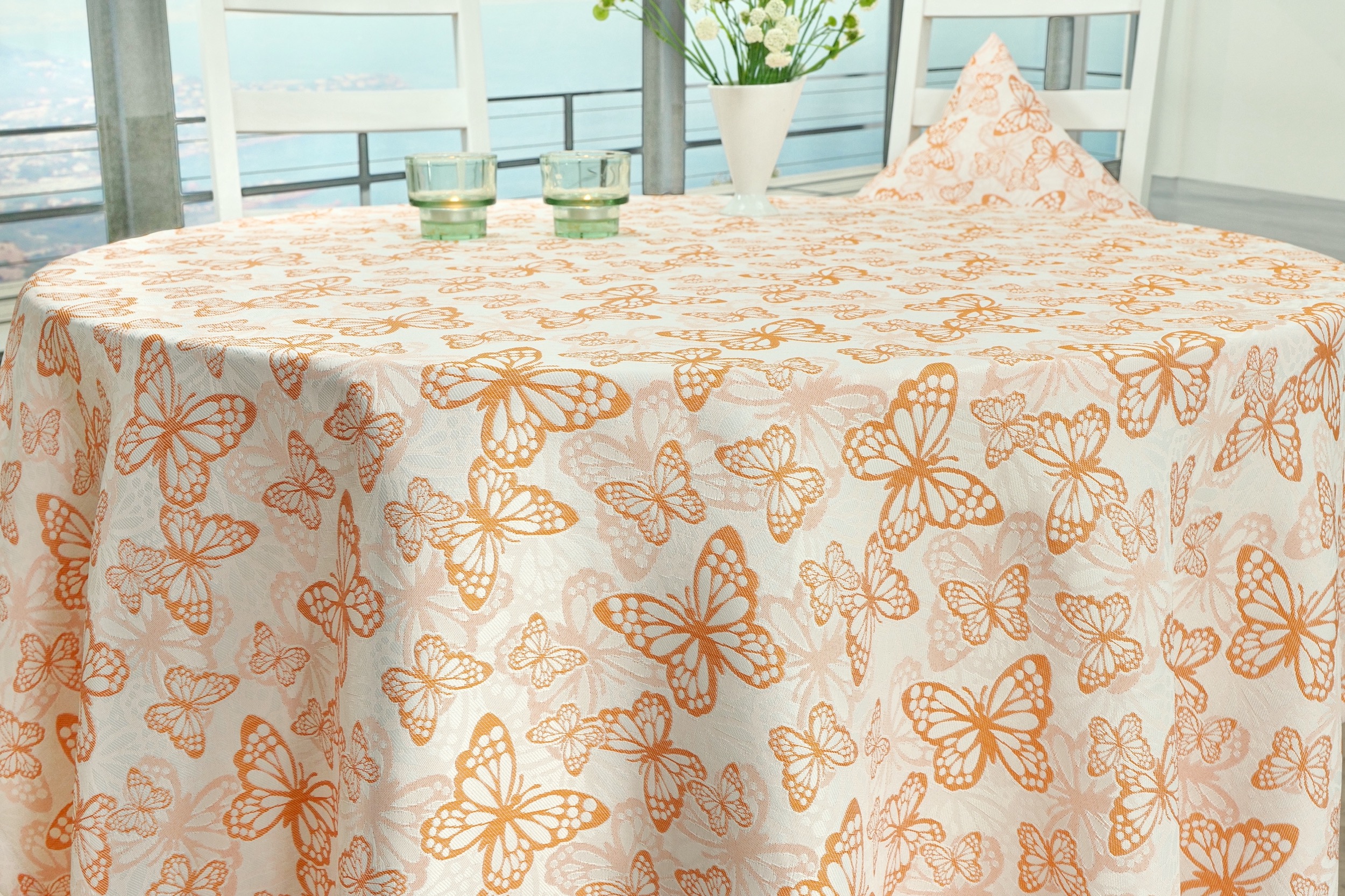 Fleckgeschützte Tischdecke Weiß Orange Muster Springtime ab 80 cm bis 160 cm RUND