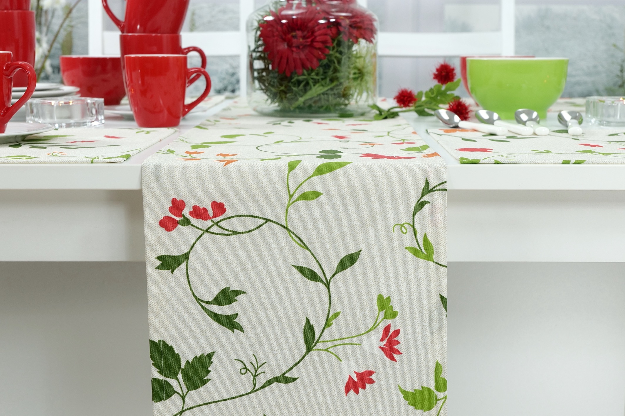 Abwaschbare Tischläufer Beige Rot Grün Muster Blütenranke Breite 40 cm