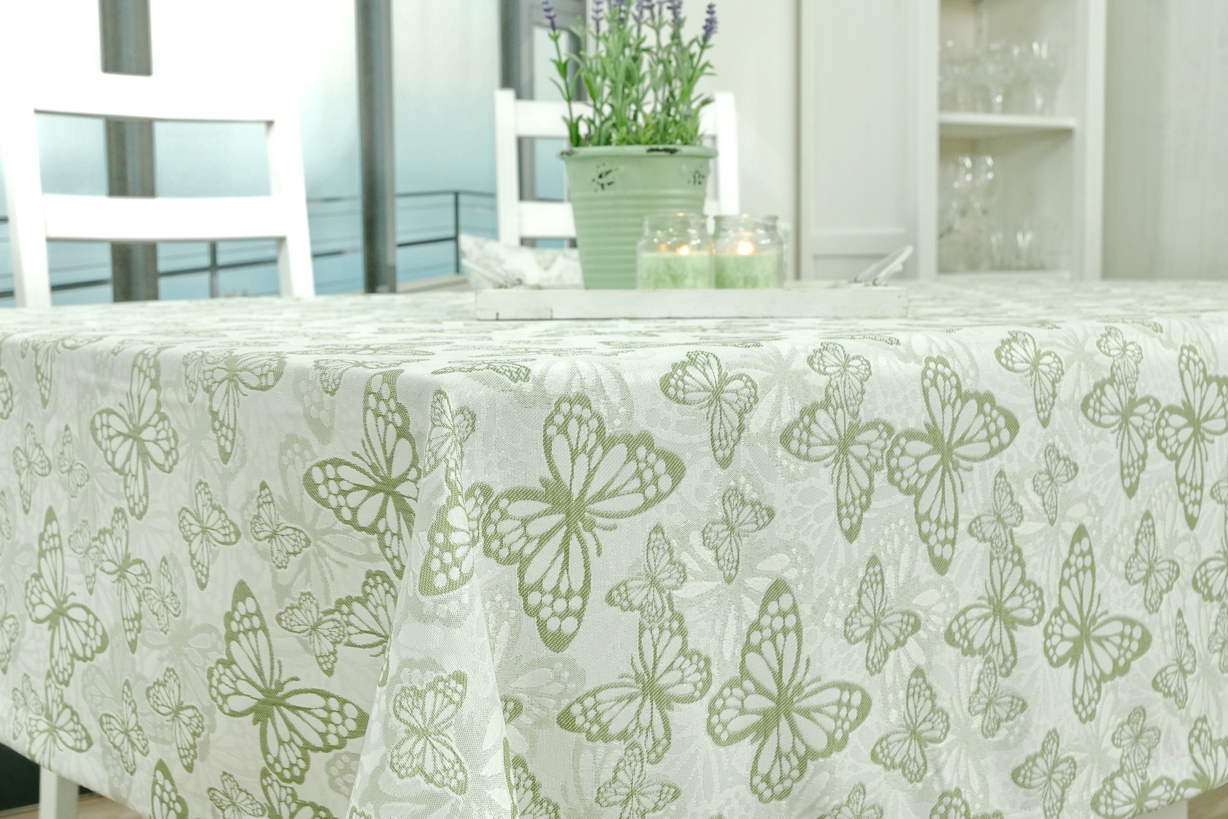 Fleckgeschützte Tischdecke Weiß Grün Muster Springtime Breite 150 cm