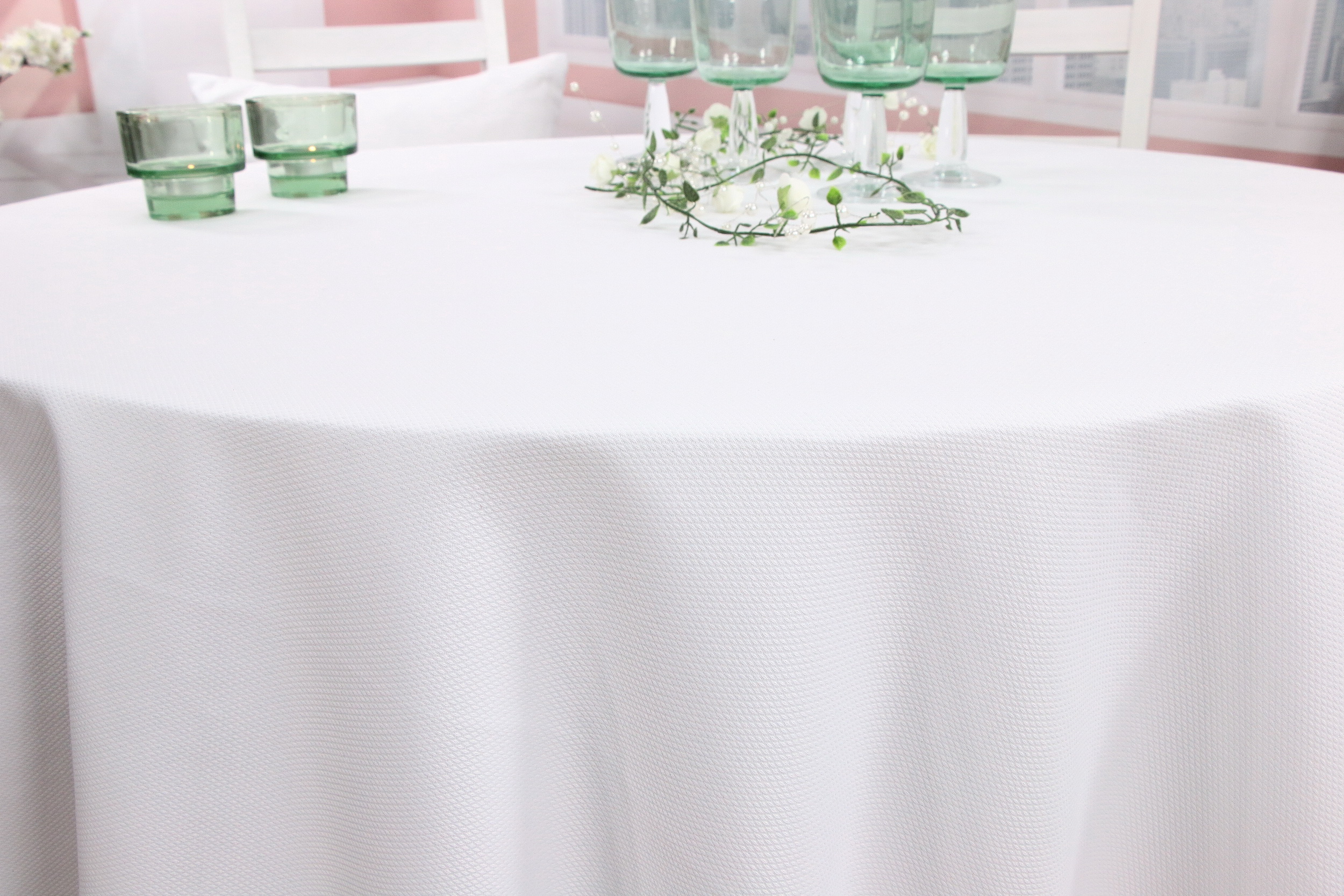 Tischdecke Weiß einfarbig feines Rautenmuster ab 80 cm bis 200 cm RUND