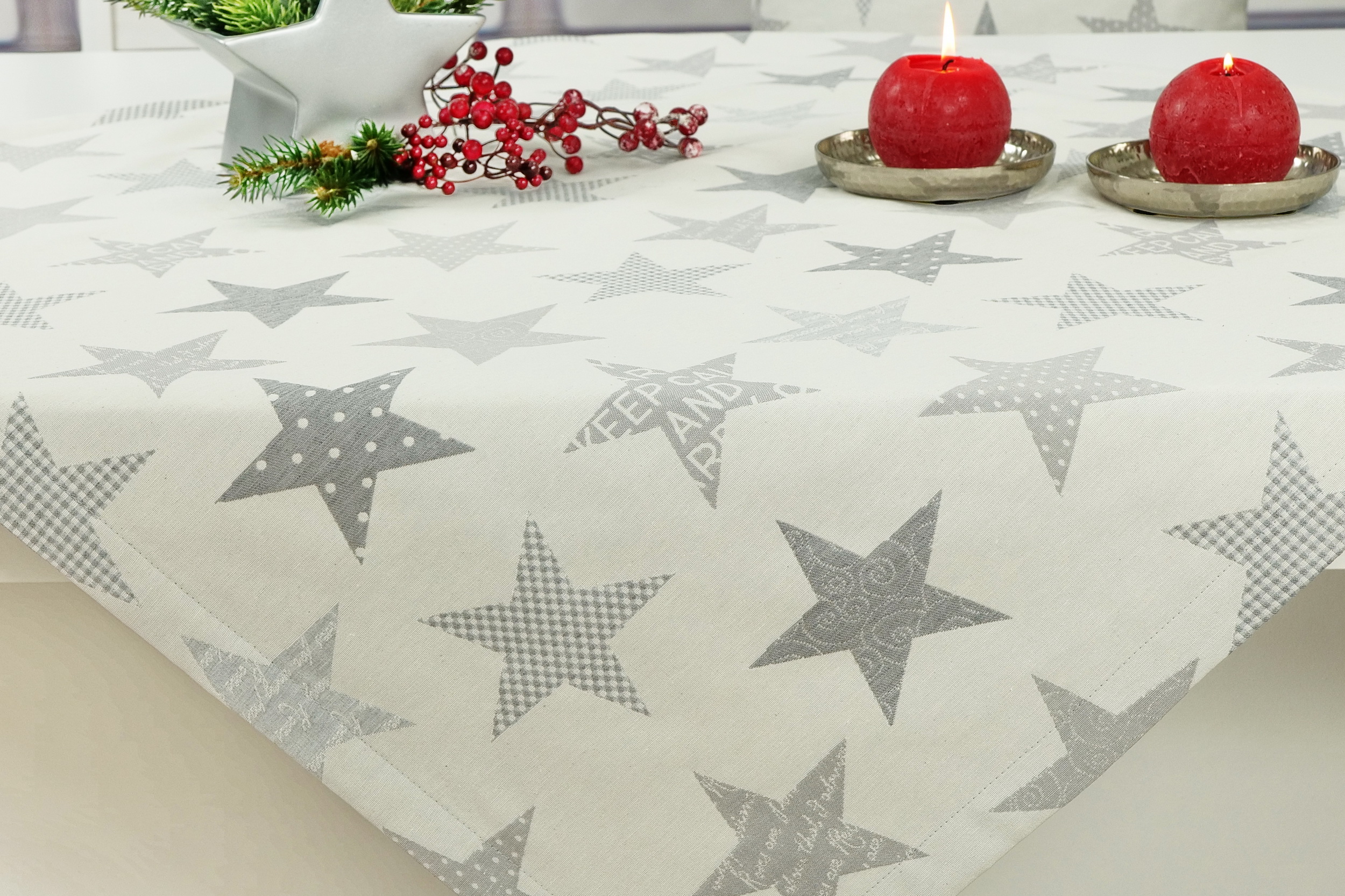 Moderne Weihnachtstischdecke Grau Hellgrau Sterne ab 80x80 cm - 200x200 cm QUADRATISCH