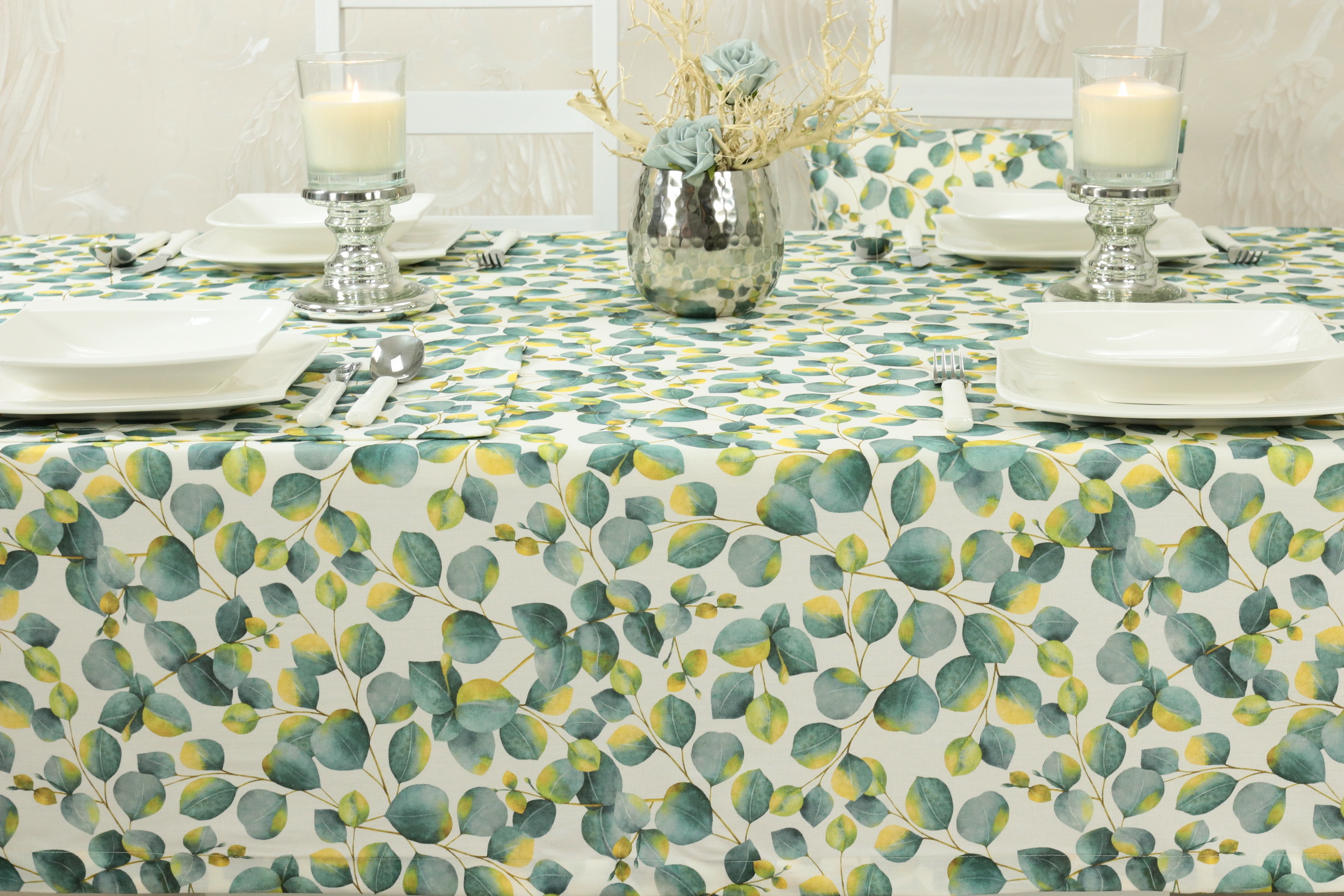 Tischdecke mit Fleckschutz Ozeanblau Gelb Blätter Muster Größe 150x210 cm