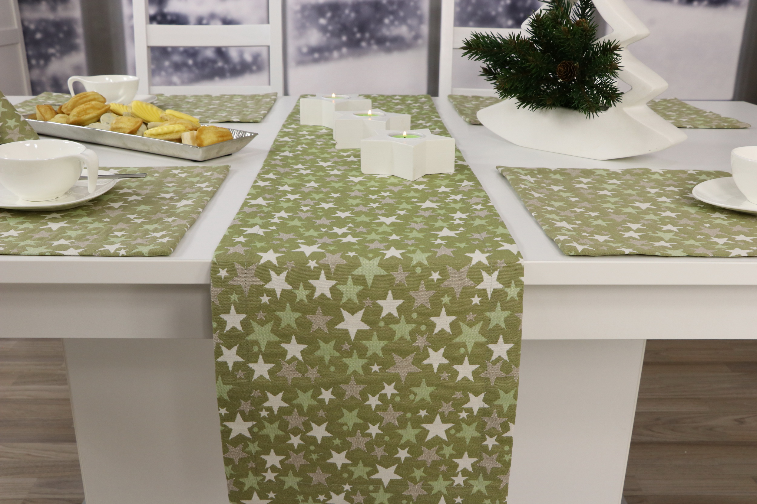 Weihnachtsmotiv Tischläufer Grün Stern Beige Breite 30 cm