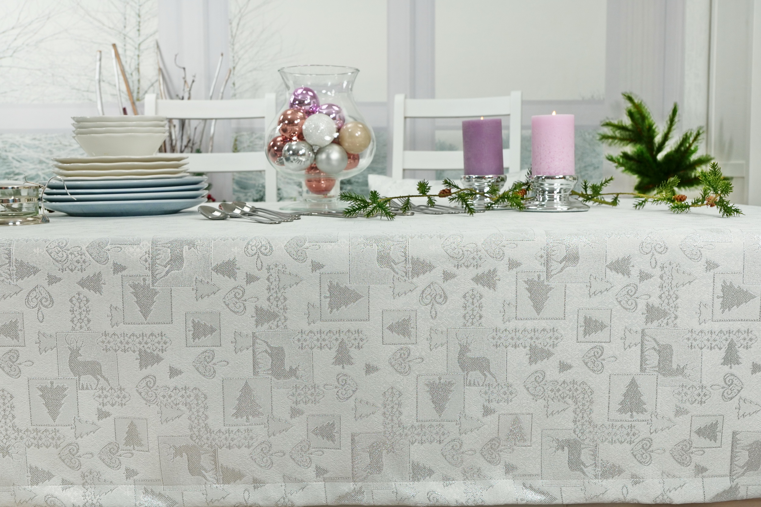 Weihnachtstischdecke mit Fleckschutz Weiß Silber Xmas Breite 100 cm