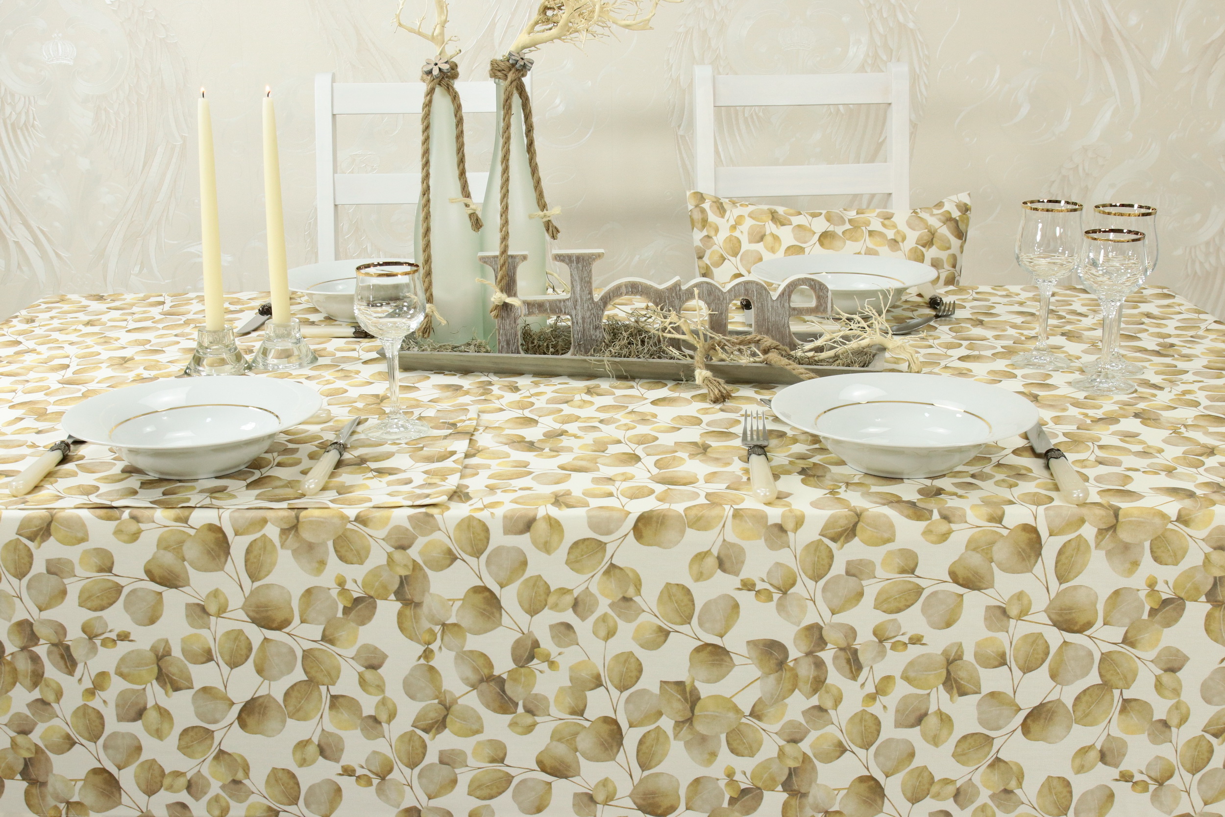 Tischdecke mit Fleckschutz Natur Beige Blätter Muster Größe 150x210 cm