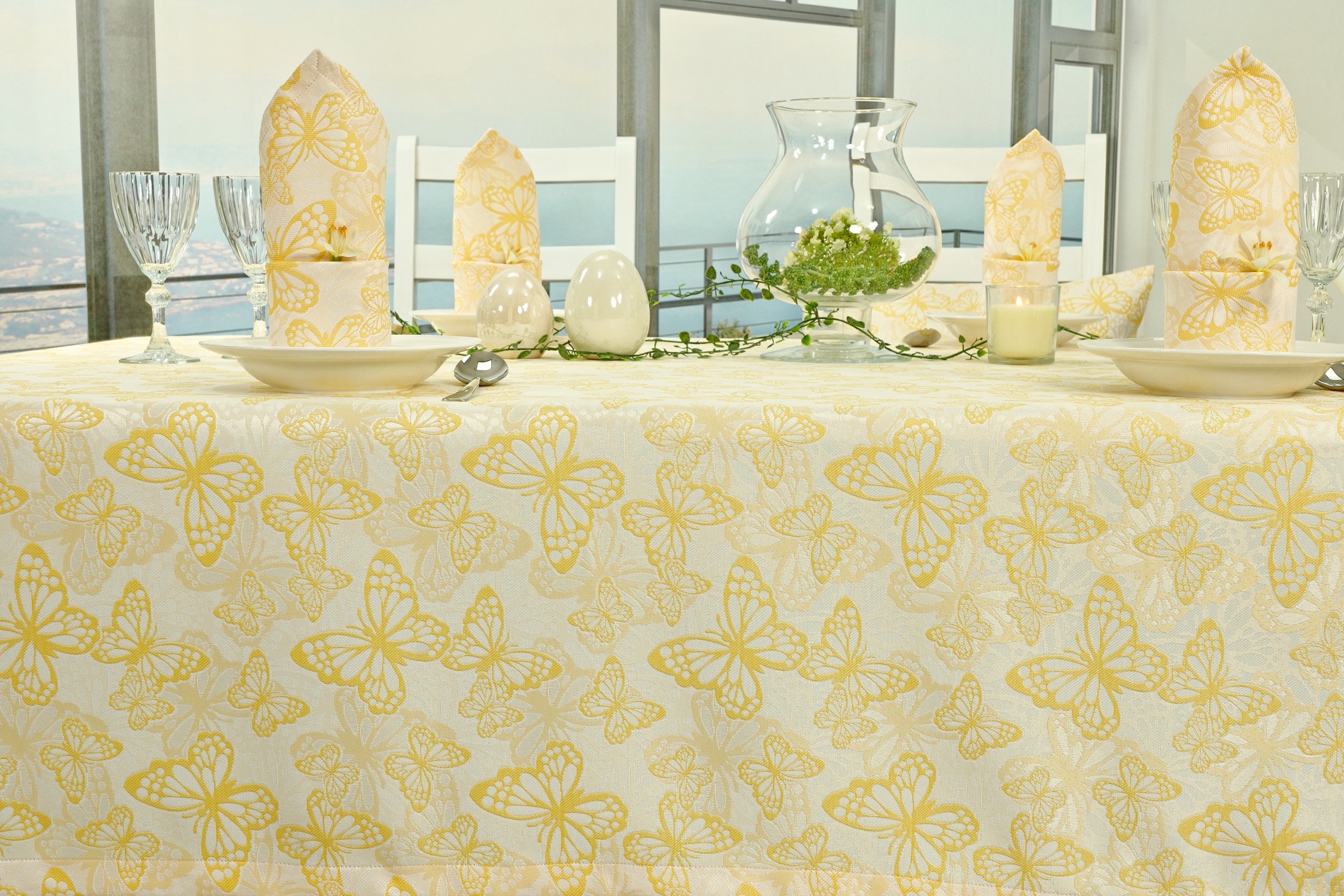 Fleckgeschützte Tischdecke Weiß Gelb Muster Springtime Breite 120 cm