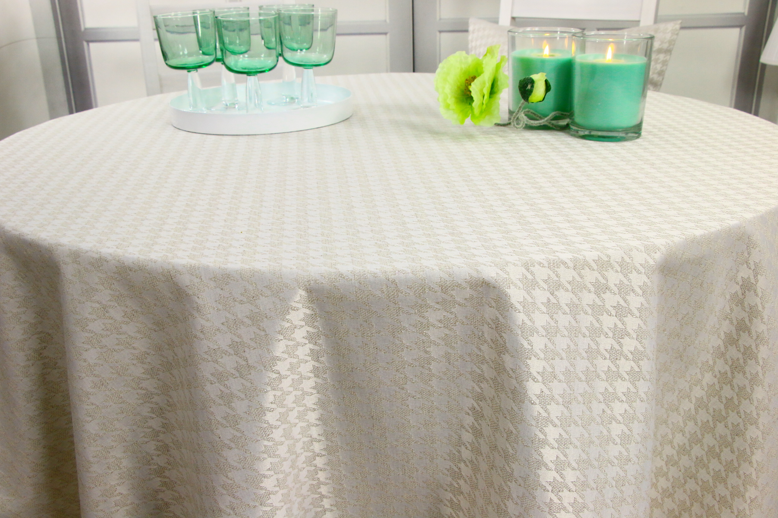 Tischdecke mit Fleckschutz Evita Perlbeige Muster ab 80 cm bis 200 cm RUND