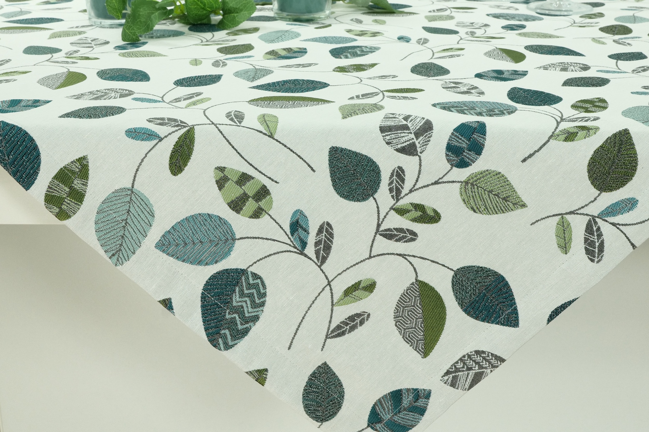 Tischdecke mit Blätter Grün Blau gemustert Elota ab 80x80 cm - 200x200 cm QUADRATISCH