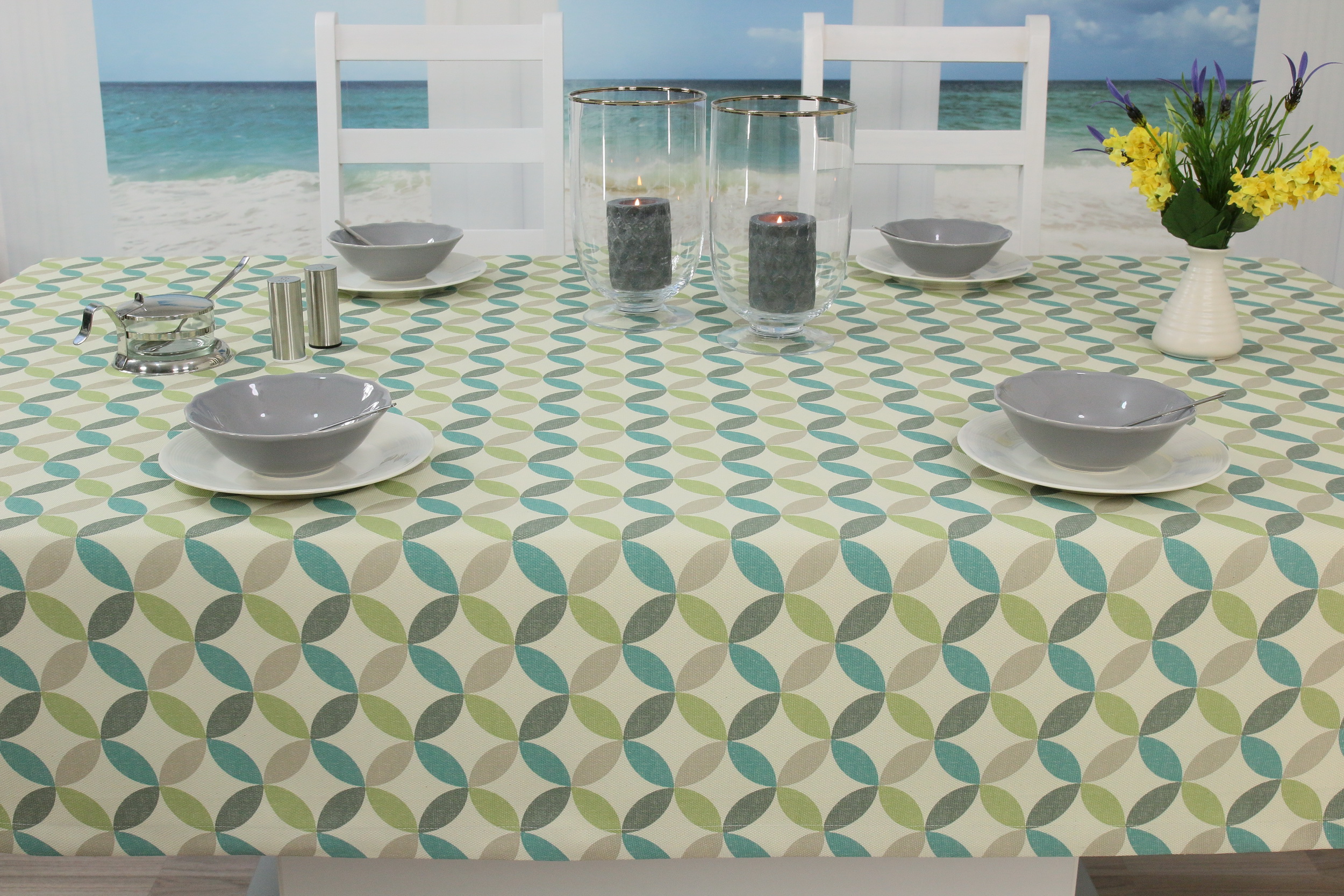 Tischdecke mit Fleckschutz Beige Lindgrün Muster Venezia Breite 120 cm
